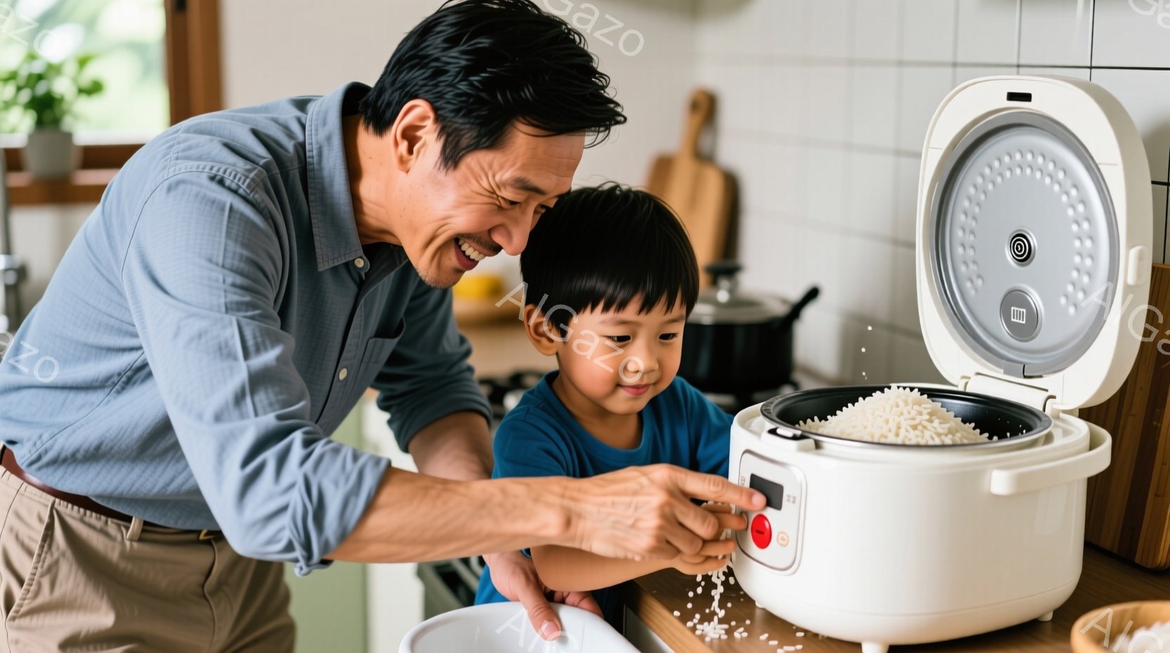 笑顔の父親が、キッチンで小さな男の子と一緒に炊飯器から炊き上がったご飯を取り出そうとしています。父親は薄い水色のシャツとベージュ色のズボンを着ており、男の子は濃い青色のシャツを着ています。背景には木製のカウンターとわずかに見える植物があり、温かく家庭的な雰囲気が漂っています。