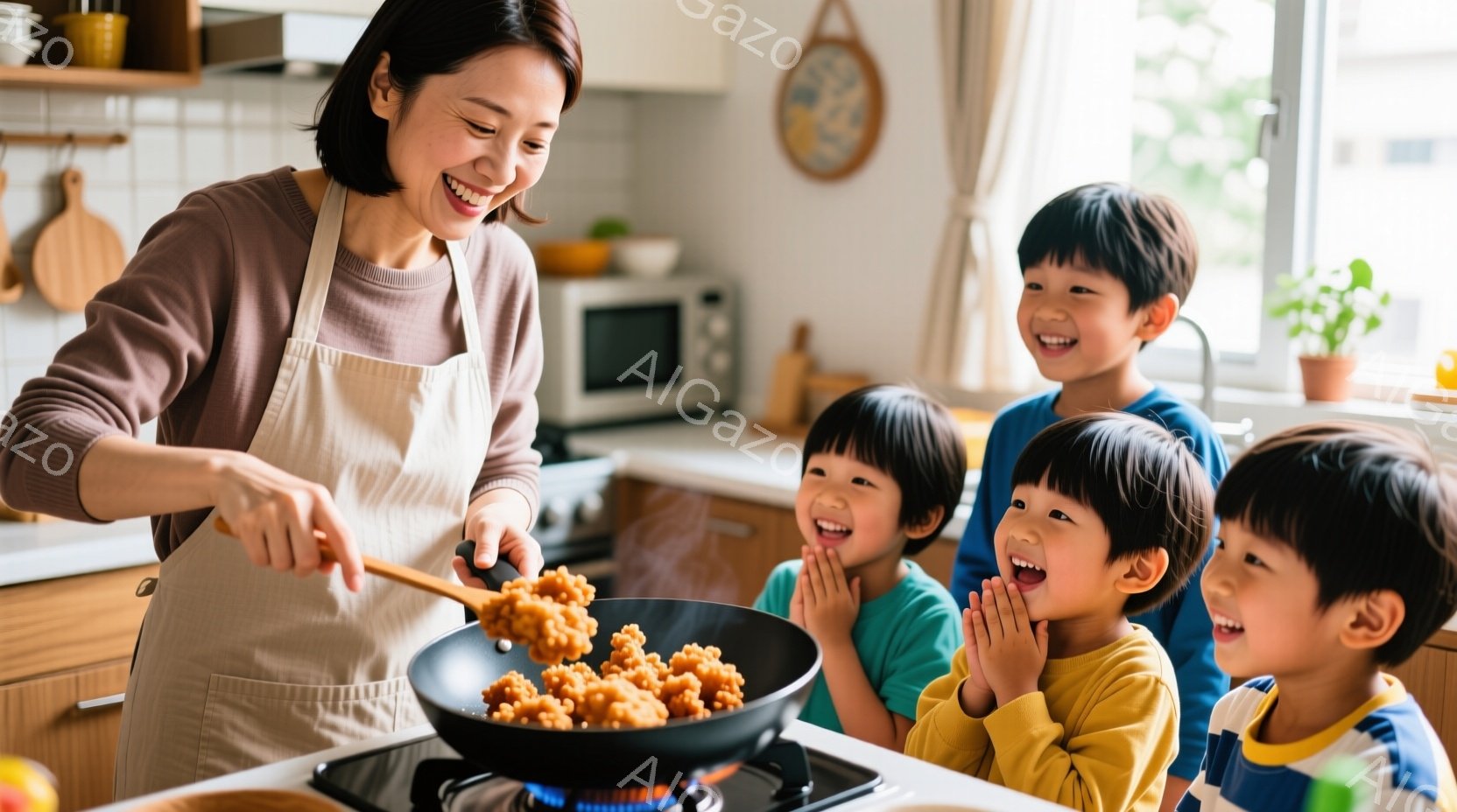 女性がキッチンで料理をしており、その様子を数人の子供たちが嬉しそうに見守っています。女性はエプロンをつけ、茶色のセーターを着ており、フライパンの中身を木べらで混ぜています。子供たちは皆、明るい色の服を - AI生成フリー素材