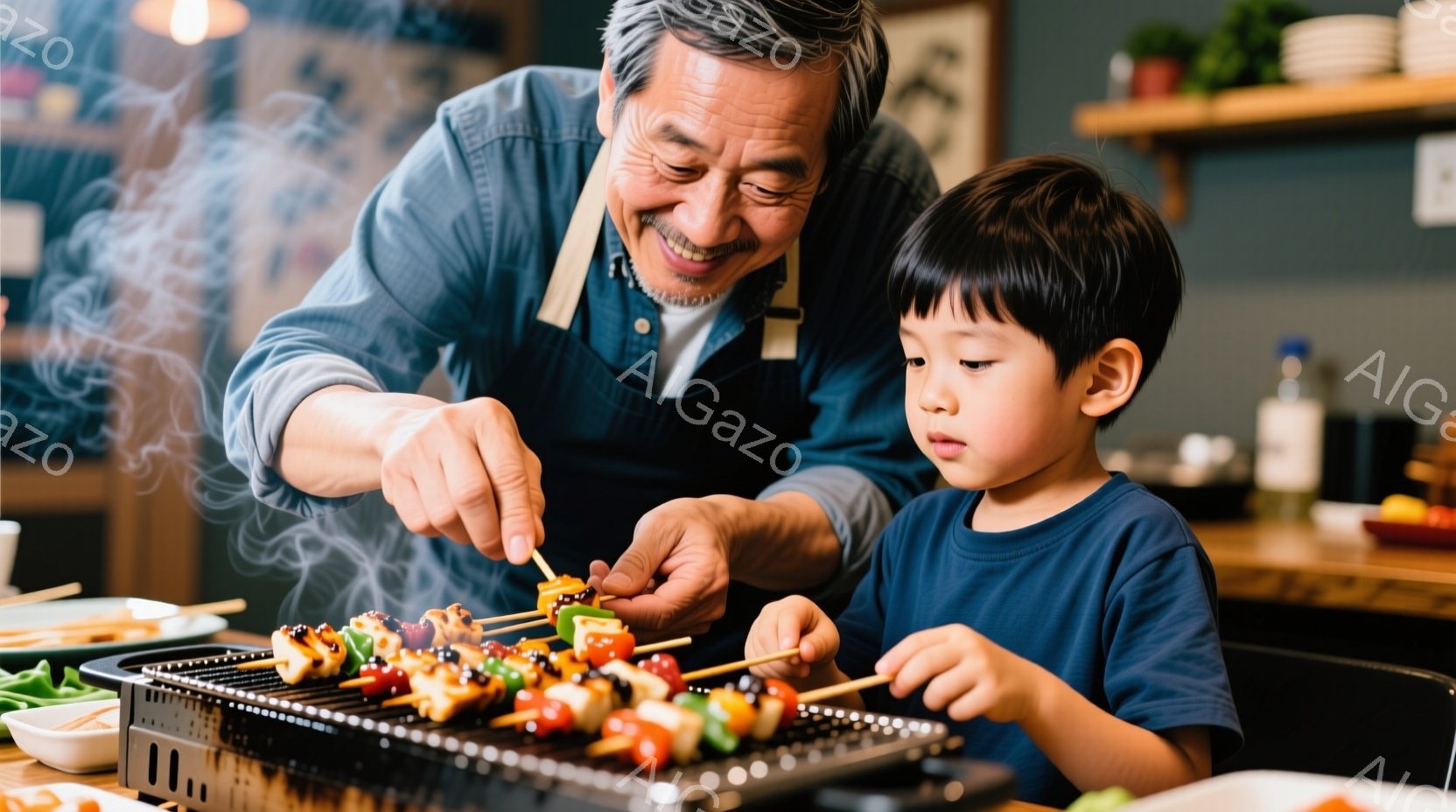 白髪の男性がエプロンをつけ、串焼きの準備をしている様子が写っています。笑顔で串に食材を刺し、幼い少年が興味津々でそれを見つめています。背景には食卓と調味料が見え、家庭的な温かい雰囲気が漂っています。