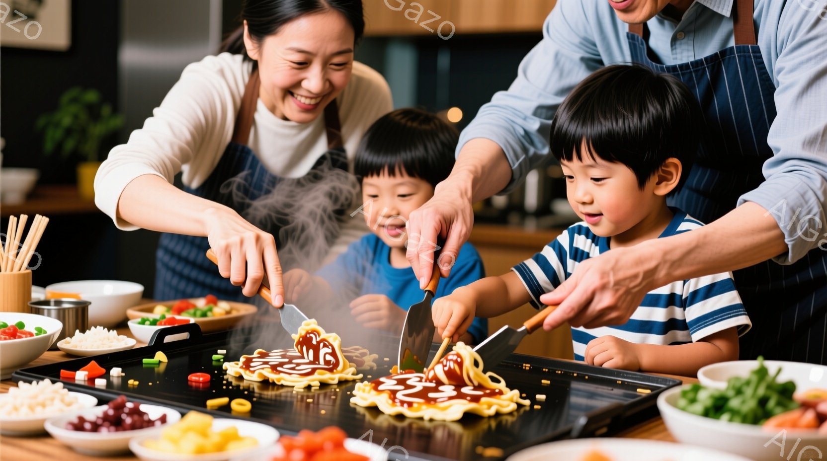 お好み焼きを作っている家族の様子が写っています。母親はエプロンを着て笑顔で調理しており、父親はナイフで焼きあがったお好み焼きをカットしています。子供たちは嬉しそうに見守り、背景にはカット野菜や調味料が並び、家庭的な温かい雰囲気が漂っています。