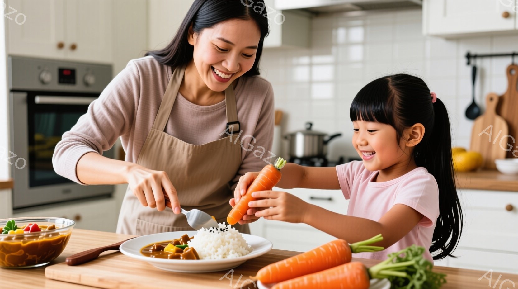 白いエプロンをつけた女性とピンク色のシャツを着た幼い女の子がキッチンで料理をしている様子が写っている。女性は笑顔でライスの上にカレーを盛り付け、女の子はにんじんを手に持っている。背景には白いキャビネット、調理器具、そして温かい光が差し込むキッチンがあり、家族の愛情あふれる雰囲気が感じられる。