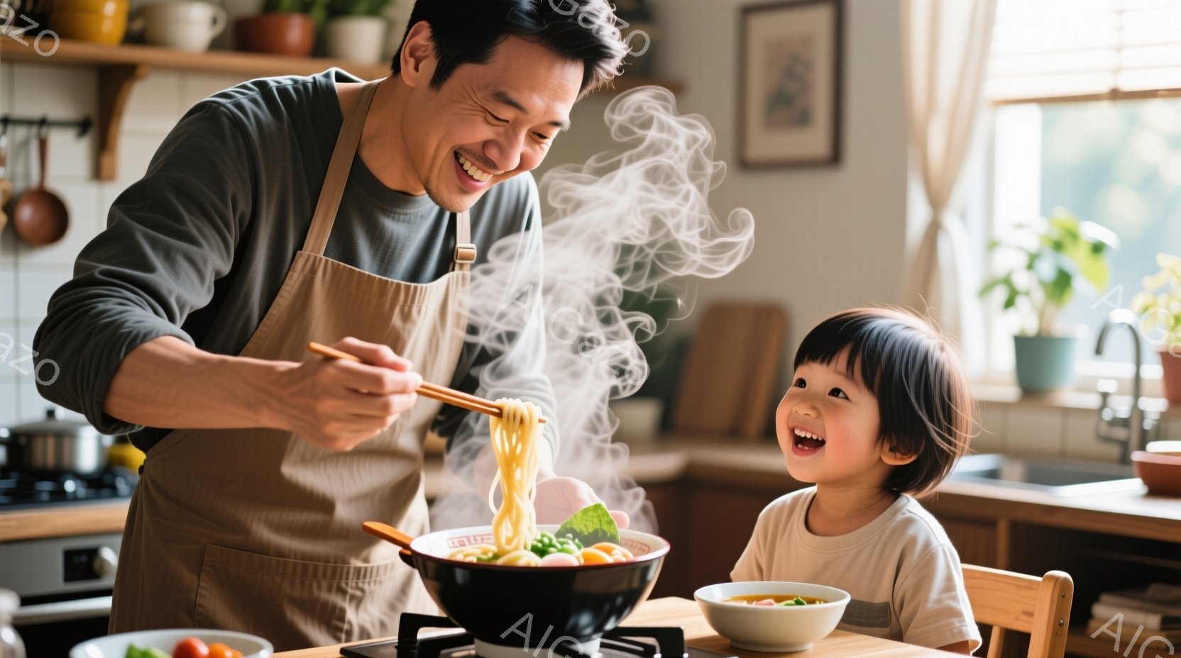 浅いフライパンで湯気が立ち上るラーメンを、エプロン姿の男性が笑顔でよそっている様子が写っている。幼い子供はテーブルに座り、大きく口を開けて楽しそうに笑っている。背景にはキッチンがあり、調理器具や植物が - AI生成フリー素材