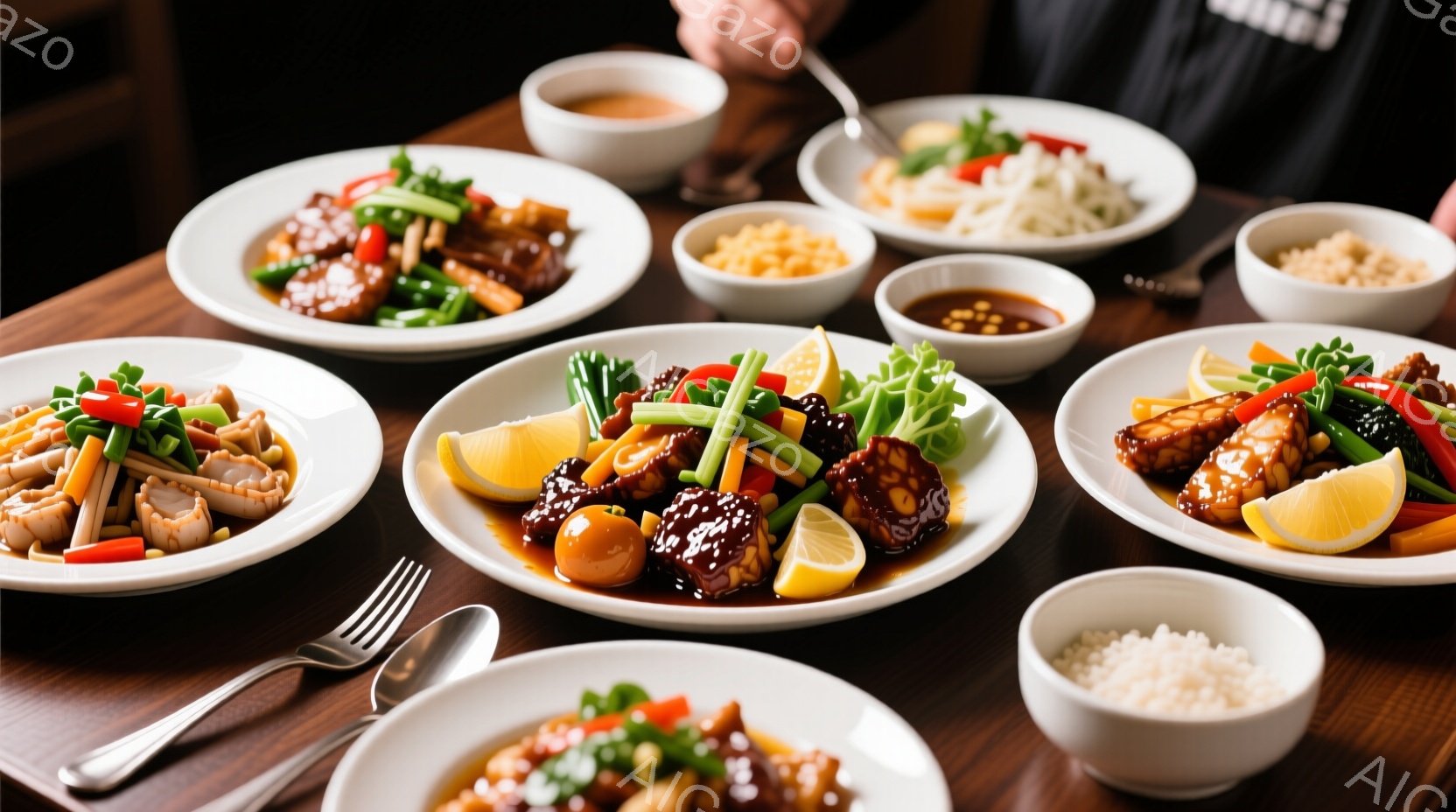 テーブルの上には様々な中華料理が並べられています。料理は白皿に盛り付けられ、レモンや野菜で彩られています。背景は木目調のテーブルで、鮮やかな料理とのコントラストが楽しめます。