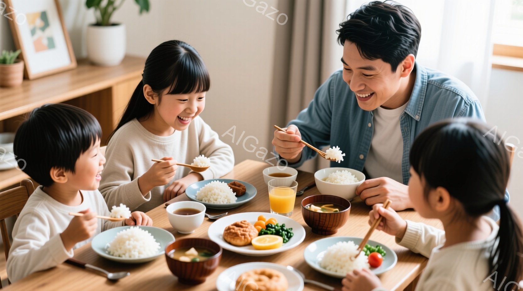 暖かく明るいダイニングルームで、家族が食卓を囲んでいる様子が描かれている。子供たちは皆笑顔で、それぞれ白米と様々な小皿料理を前に、食事を楽しんでいる。背景には観葉植物や絵画が飾られ、全体的に温かく幸せ - AI生成フリー素材