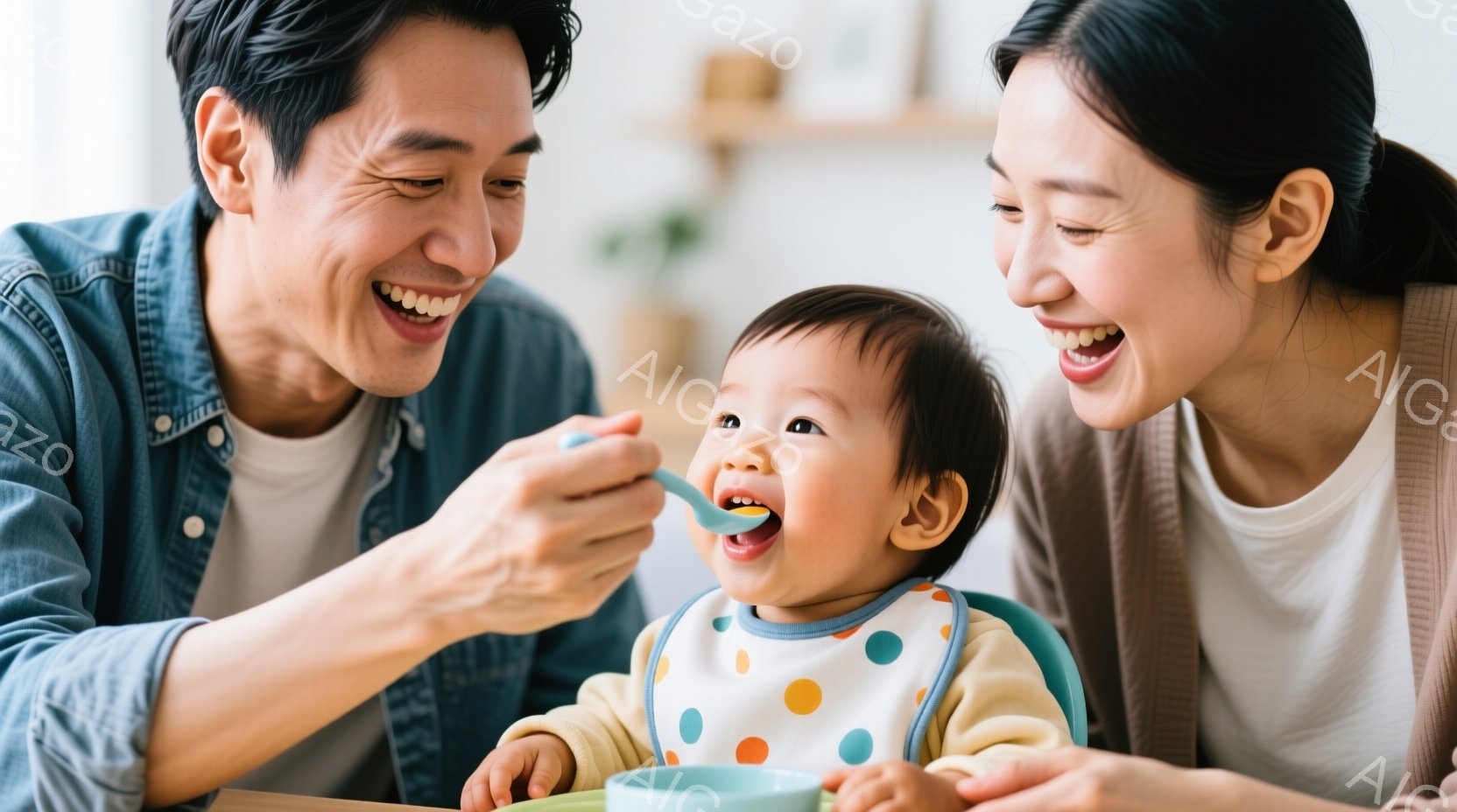 赤ちゃんはハイチェアに座り、口を開けてスプーンで食べ物を食べようとしています。両親は満面の笑みを浮かべ、愛情深く赤ちゃんに餌を与えています。背景は明るく、家庭的な雰囲気で、暖かく幸せな家族の瞬間が捉え - AI生成フリー素材