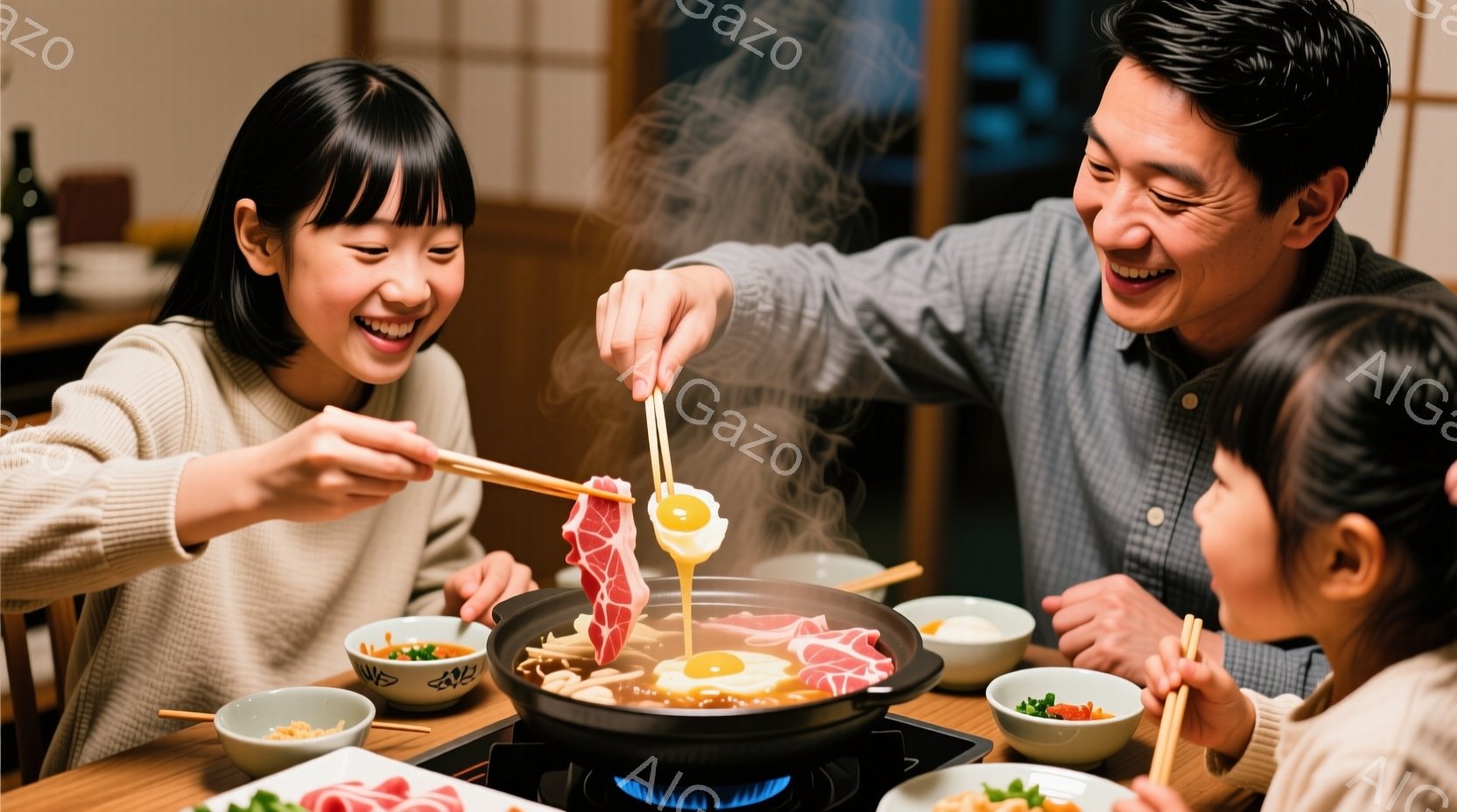 家族がホットプレートを囲んで夕食を楽しんでいる様子が写っています。母親は明るい笑顔で、卵をホットプレートの鍋につけようとしています。子供たちは、同じように笑顔で、料理を楽しみにしている様子で、家族の温かい雰囲気が伝わってきます。