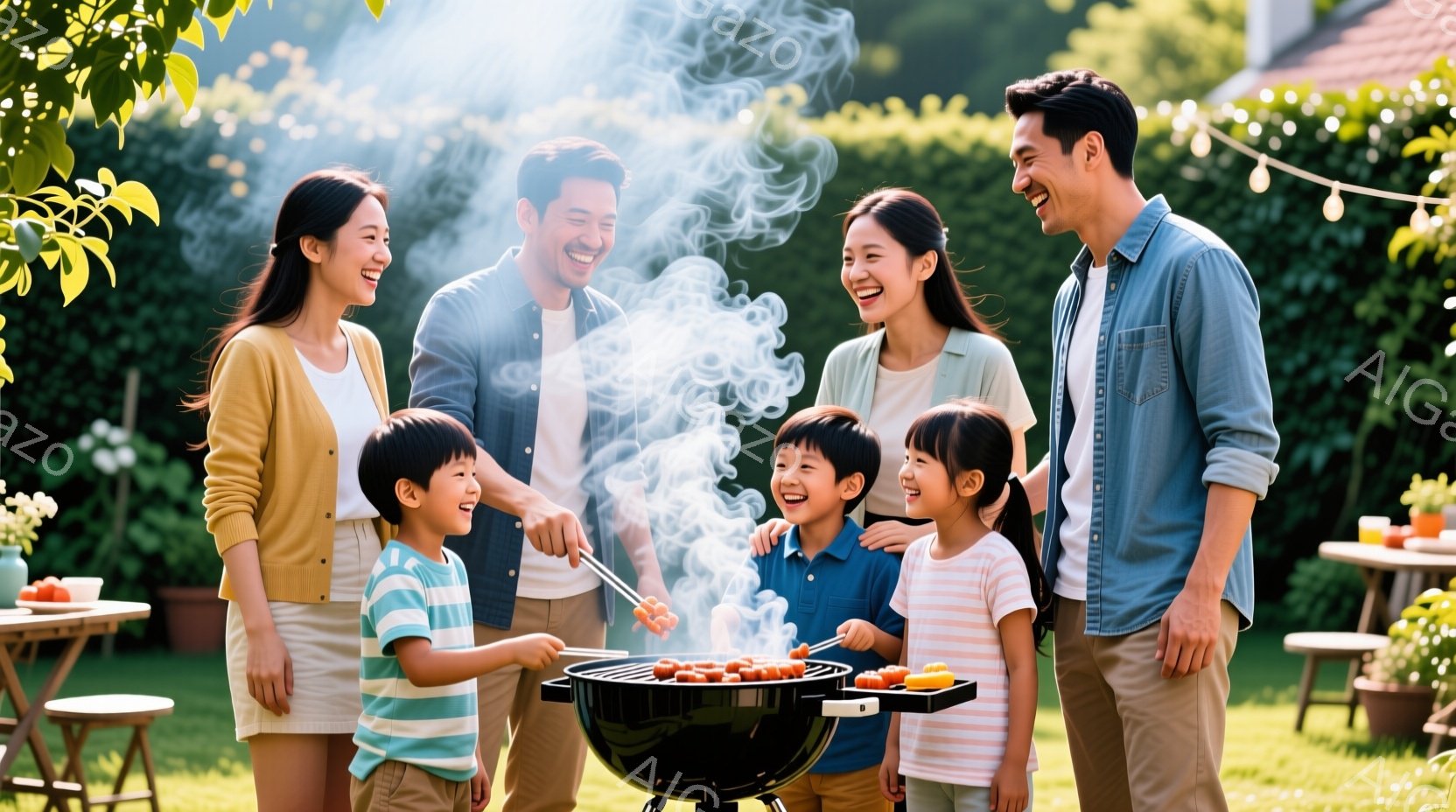 庭でバーベキューを楽しむ家族が写っている。父親は炭火の上に串に刺した肉を焼き、母親と二人の子供たちは笑顔でそれを見ている。背景には緑豊かな芝生と木々があり、晴れた日の穏やかな雰囲気が漂っている。