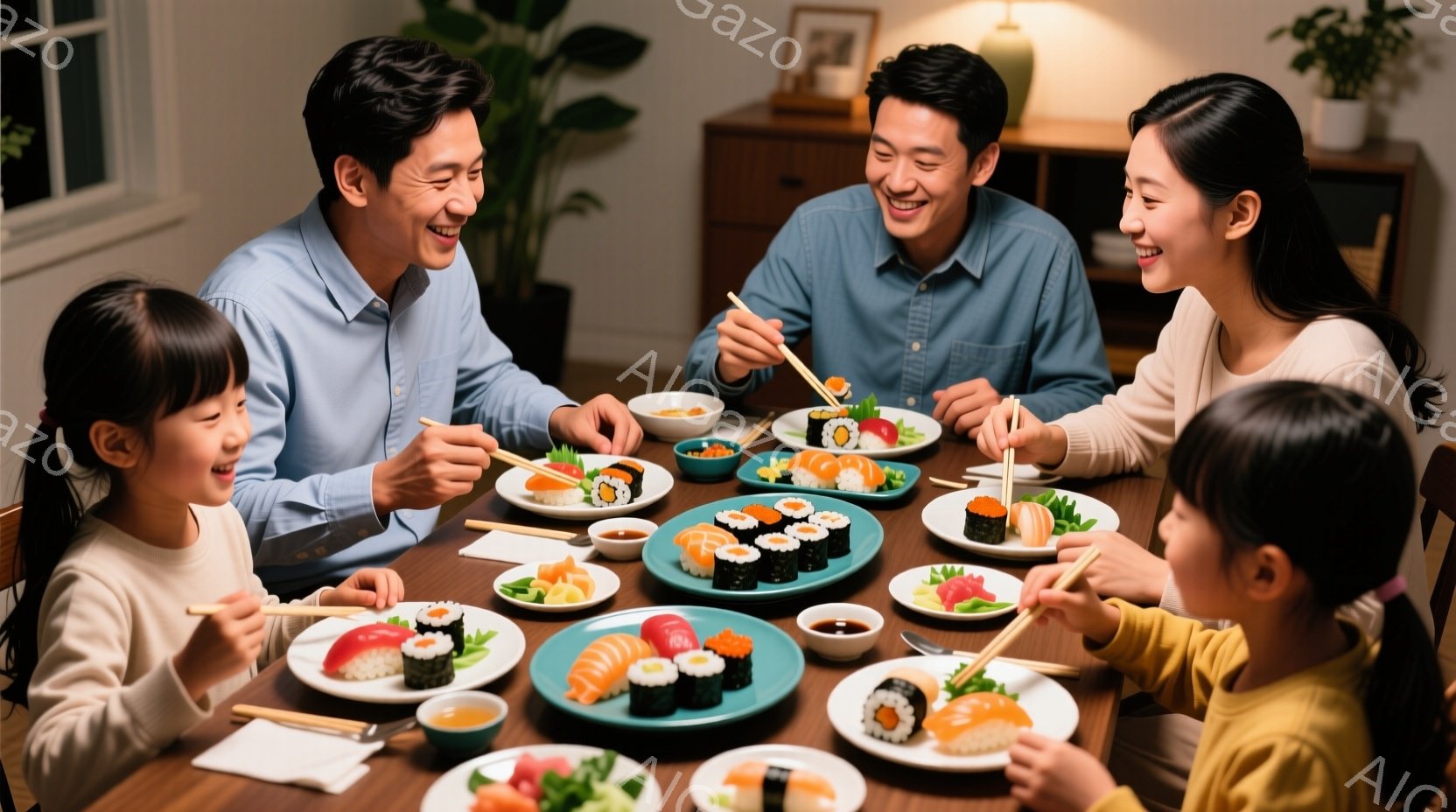 家族四人が食卓を囲み、寿司を楽しんでいる様子が写っている。全員が笑顔で、特に子供たちは嬉しそうに箸で寿司をつまんでいる。背景には木製の棚があり、暖かく家庭的な雰囲気が漂っている。