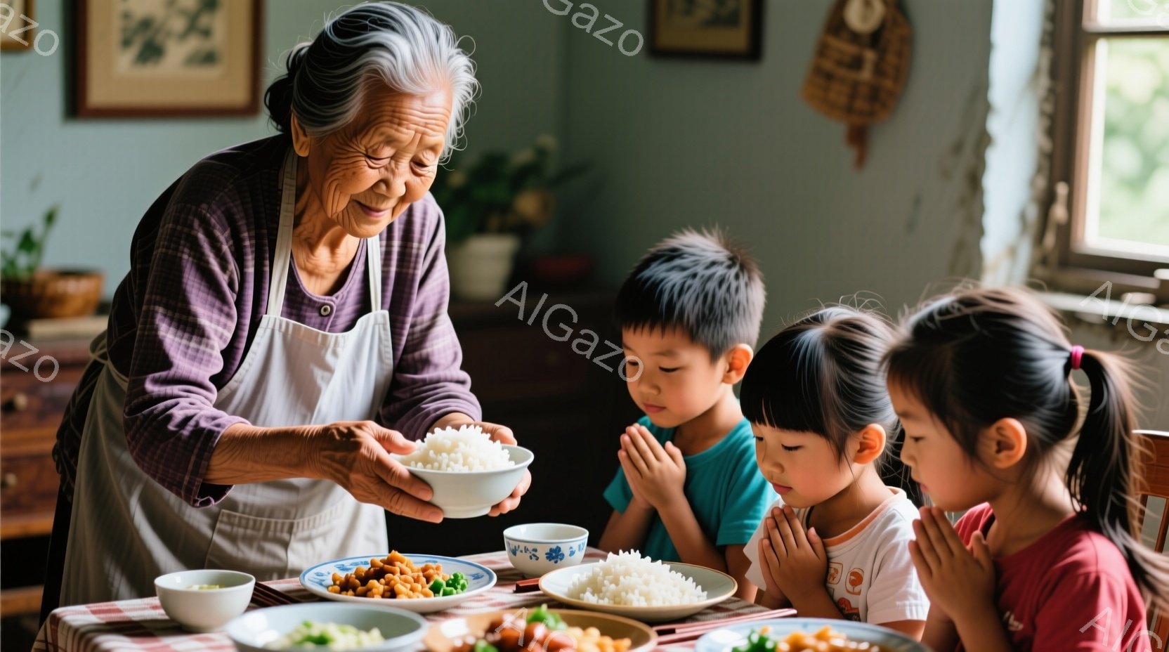 白髪の老婦人が、白いご飯を小さなボウルに入れたまま、子供たちの方へ差し出しています。子供たちは手を合わせており、食事前の感謝の祈りをしているようです。背景には、簡素な部屋と窓から差し込む柔らかい光があり、温かく家庭的な雰囲気が漂っています。