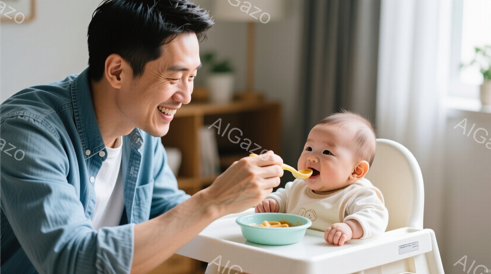 笑顔の父親が、ハイチェアに座っている幼い子供にスプーンで食事を与えています。父親は水色のデニムシャツを着ており、子供はクリーム色の服を着ています。背景には棚があり、部屋は明るく清潔で、温かい家庭的な雰囲気が漂っています。