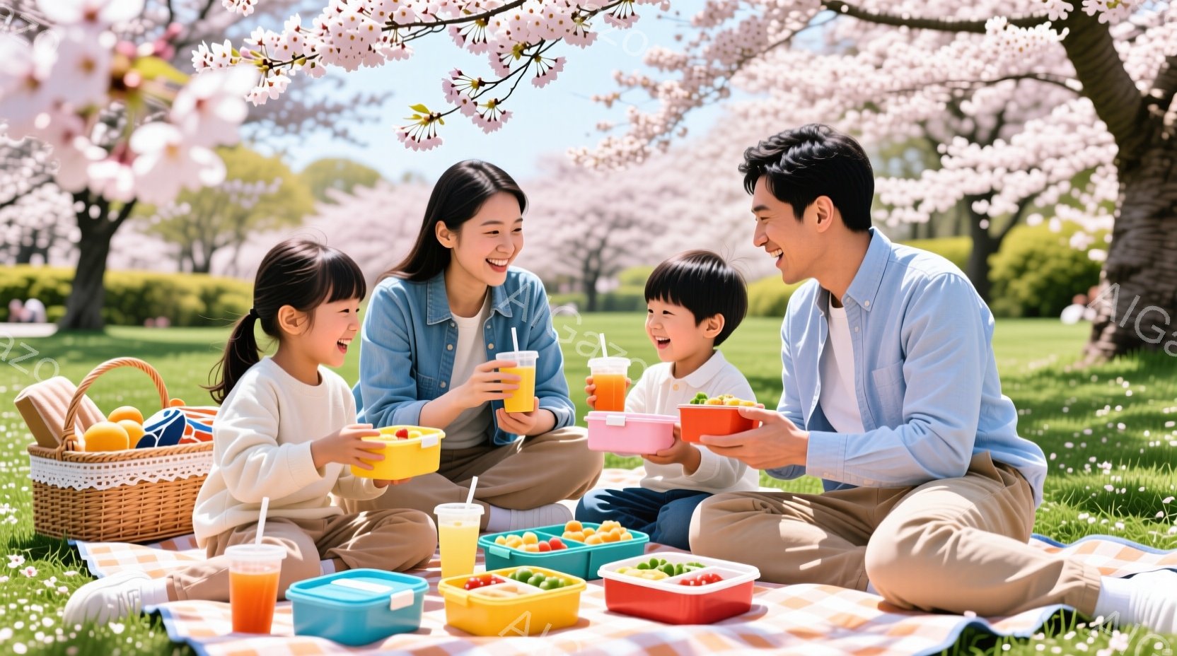桜並木の下で、ピクニックを楽しんでいる家族が写っています。母親はデニムジャケットを着て微笑み、娘と息子はそれぞれお弁当箱に入った食事とオレンジジュースを手にしています。背景には、満開の桜の木々と青空が - AI生成フリー素材