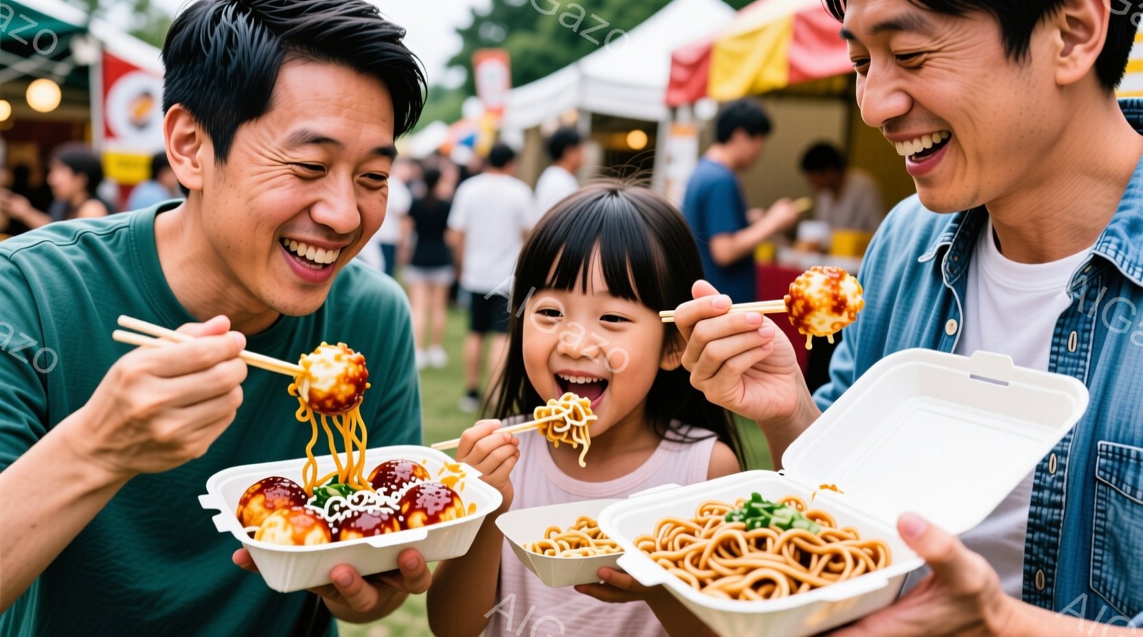 幼い女の子と大人が、それぞれお祭り料理のたこ焼きと焼きそばを串に刺して楽しんでいます。女の子は長い黒髪で、笑顔で焼きそばを頬張っており、大人は明るい表情でたこ焼きを味わっています。背景には、賑やかなお祭りの様子や緑豊かな自然が見え、晴れた日の楽しい雰囲気が伝わってきます。