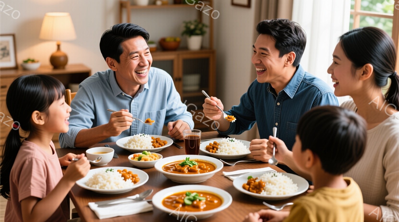 温かい光に包まれたダイニングテーブルを囲み、家族がカレーライスを楽しんでいる様子が描かれています。母親は長い髪を後ろにまとめ、笑顔で食事をしている一方、父親と子どもたちは明るい表情でカレーを頬張っています。背景には観葉植物や間接照明が見え、家庭的で幸せな雰囲気が漂っています。