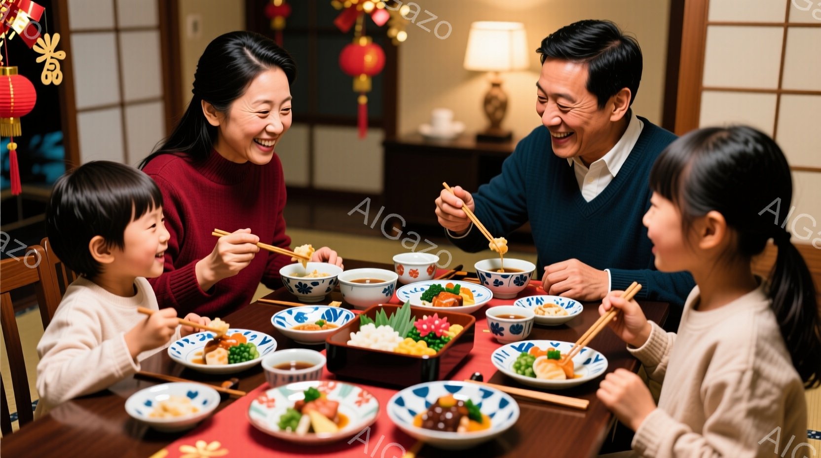 家族が食卓を囲み、食事を楽しんでいる様子が描かれています。母親は赤い服を着て微笑み、父親は紺色のセーターを着て嬉しそうに箸で料理を取っています。子供たちは皆、髪をきれいにまとめ、笑顔で食事をしています - AI生成フリー素材