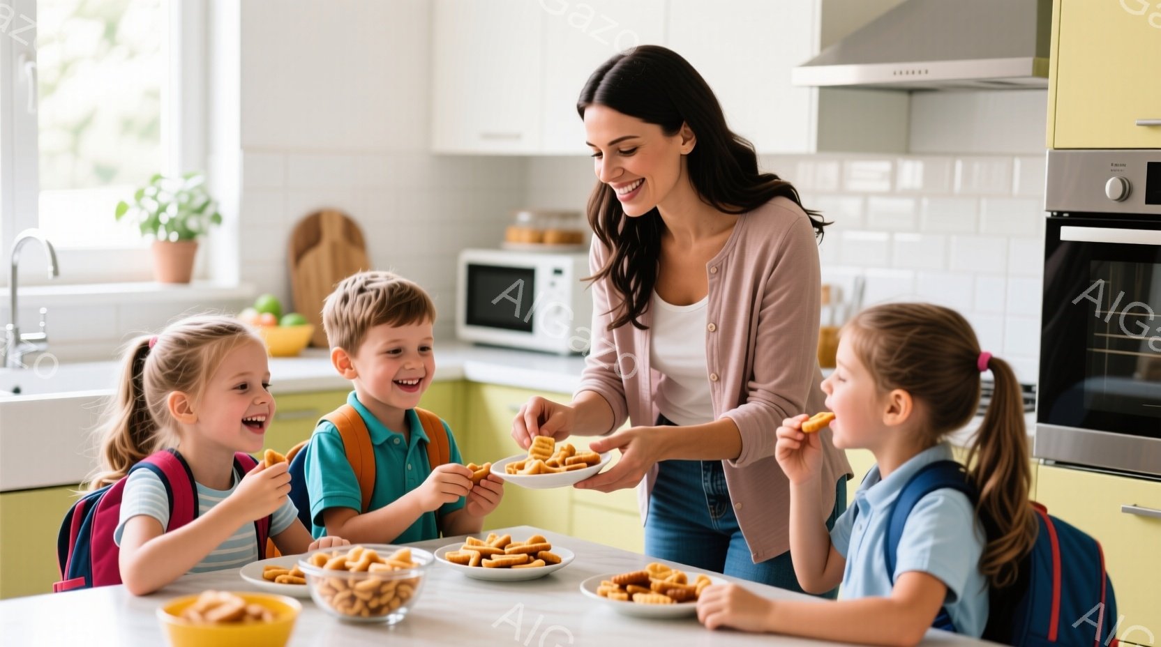 明るいキッチンで、母親が子供たちにスナックを配っています。母親は薄いピンクのカーディガンとジーンズを着ており、子供たちはリュックサックを背負い、笑顔でスナックを受け取っています。背景にはオーブンや電子 - AI生成フリー素材