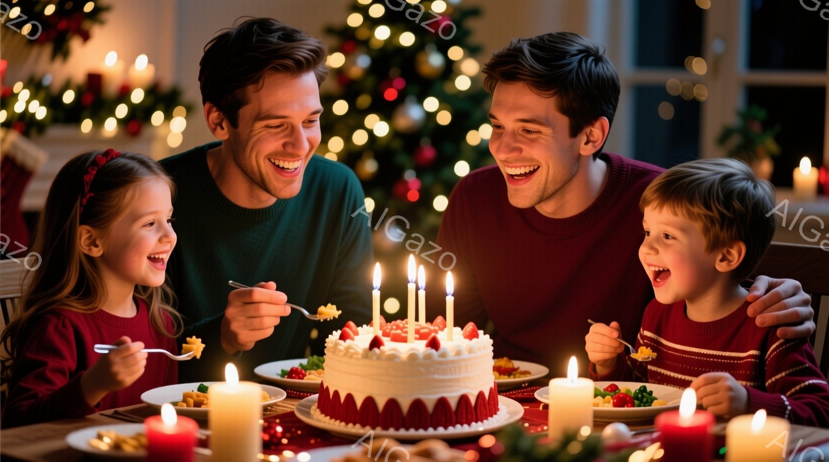 暖炉の光が差し込む室内で、家族が誕生日ケーキを囲んでいる。両親は赤いセーターを着て笑顔を見せ、子供たちは嬉しそうにフォークでケーキを頬張っている。背景にはクリスマスツリーが飾られ、キャンドルの灯りが温かい雰囲気を醸し出している。
