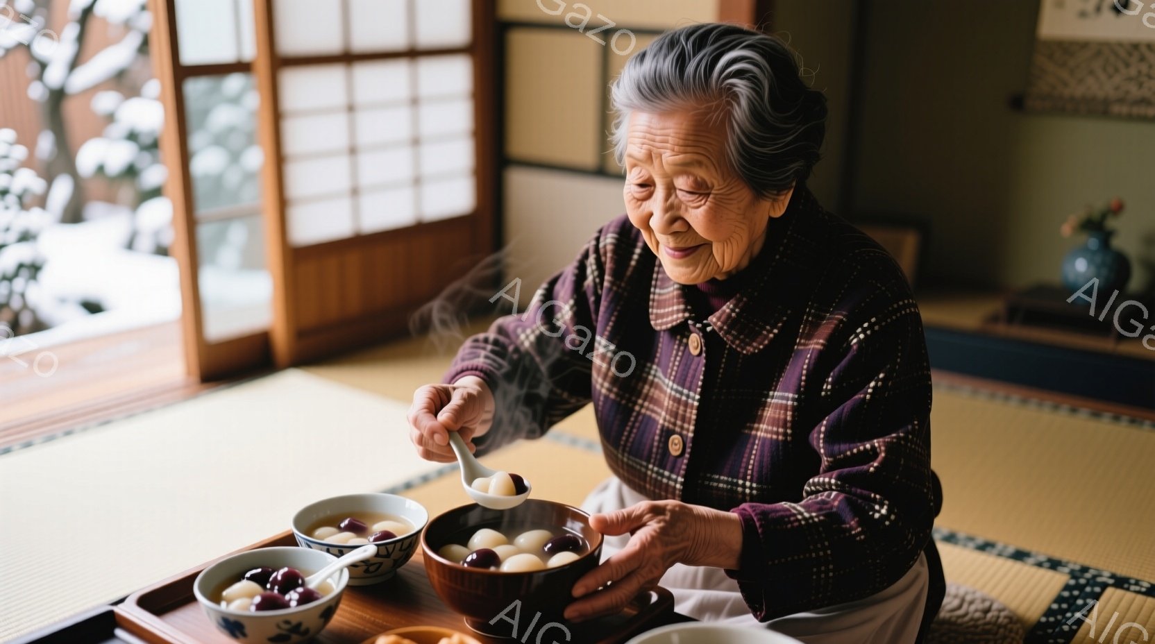 白髪を短くまとめ、紫と茶色のチェック柄のシャツを着た高齢の女性が、畳の上で温かい汁物に入った団子をスプーンで掬っています。彼女の表情は穏やかで微笑みをたたえ、周囲には湯気が立ち上る汁物や、美しい模様の - AI生成フリー素材