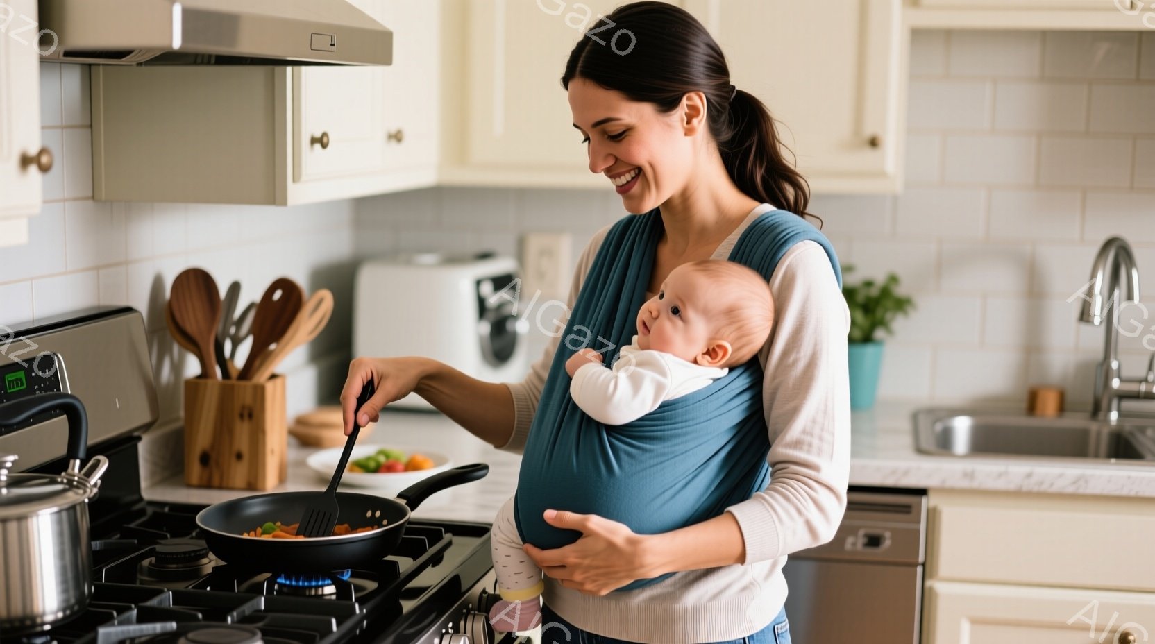 浅い青色のスリングで赤ちゃんを抱きしめながら、女性がキッチンで調理している様子が写っています。彼女はクリーム色のセーターとジーンズを着ており、髪は後ろでまとめています。背景には白いキャビネットと調理台、ステンレス製のシンクがあり、温かく家庭的な雰囲気が漂っています。