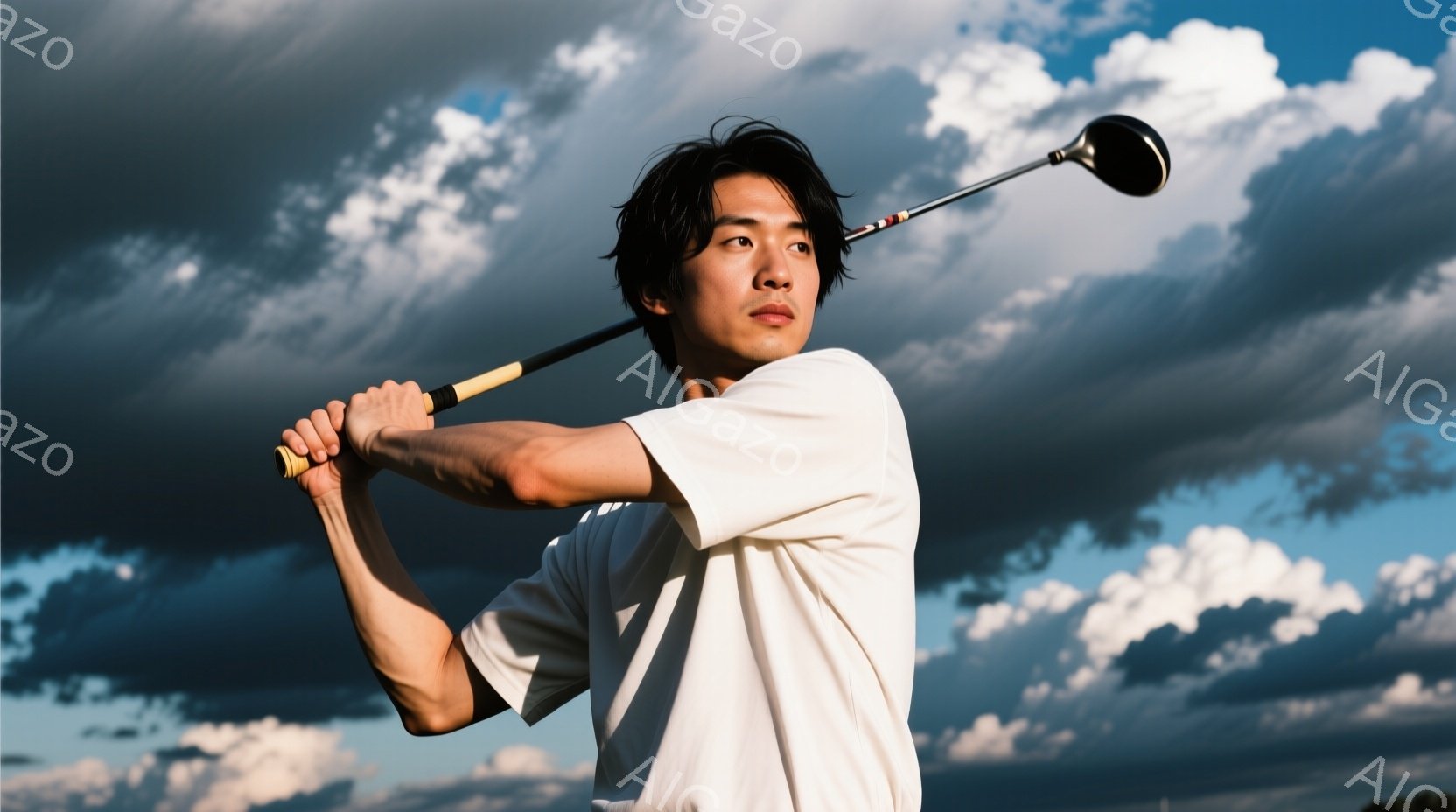 白いTシャツを着た若い男性がゴルフのスイングをしている様子が写っている。彼は髪を軽く無造作にまとめ、集中した表情でクラブを振り抜いている。背景には、雲が多く、空は少し暗いものの、緑の草原が広がっており、爽やかながらも力強い雰囲気が漂う。