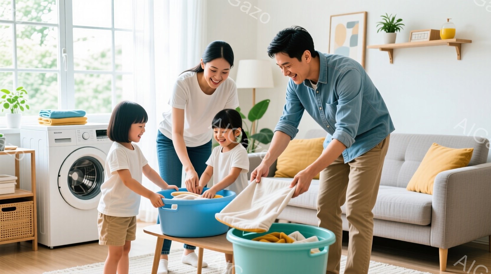 室内で、若い女性と2人の幼い女の子が洗濯物を畳んでいます。女性はジーンズと白いTシャツを着て微笑んでおり、女の子たちは白いTシャツと短いズボンを着て、洗濯物をバスケットに入れています。背景には洗濯機、ソファ、観葉植物が見え、室内は明るく、家庭的な雰囲気が漂っています。