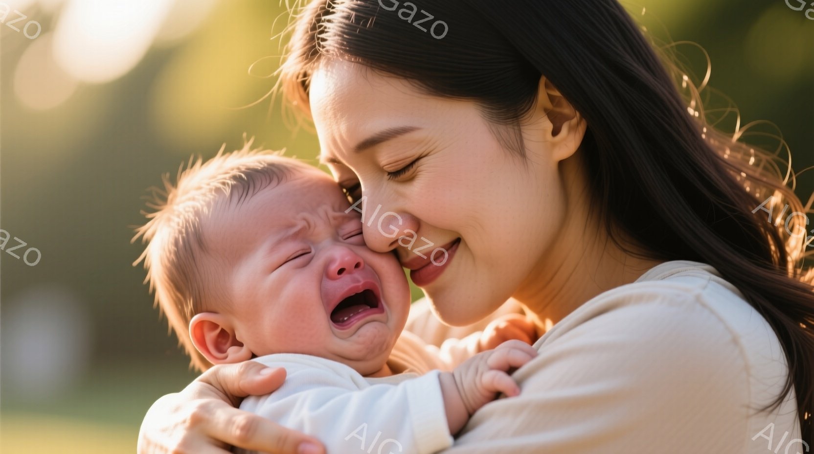赤ちゃんは白い服を着て激しく泣いており、母親の肩に顔を埋めています。母親は黒髪で、優しく微笑みながら赤ちゃんを抱きしめており、愛情に満ちた眼差しを向けています。背景は緑豊かな自然で、日差しが柔らかく差 - AI生成フリー素材
