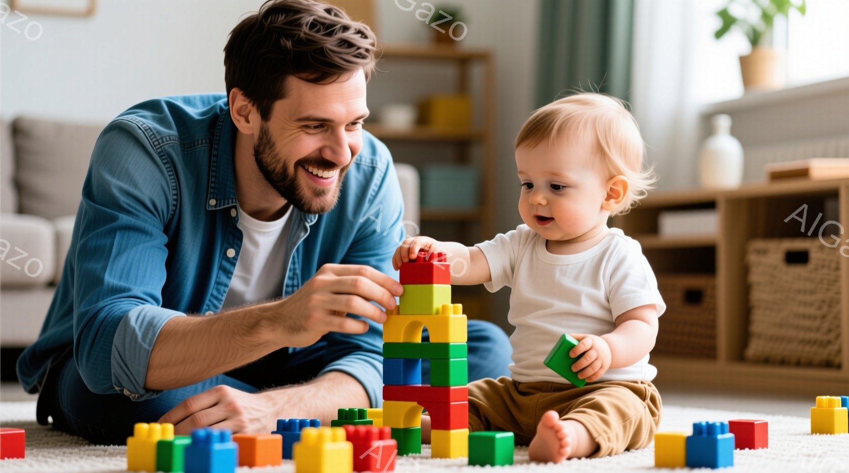 浅いカーペットの上に座っている若い男性と幼い子どもが、カラフルな積み木で遊んでいます。男性は青いシャツを着て、笑顔で積み木を高く積み上げようとしており、子どもはタンクトップとベージュ色のズボンを着用し、積み木を手に持ち楽しそうに見つめています。背景には木製の棚と植物が見え、室内は明るく暖かく、家族の温かい雰囲気が伝わってきます。