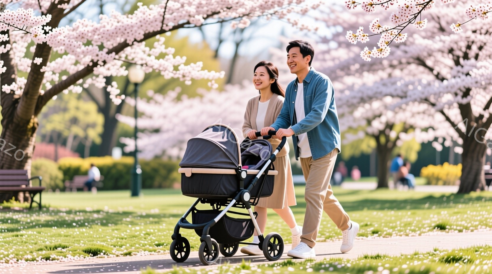 若い夫婦が、桜並木の中をベビーカーを押して歩いている。女性はベージュ色のニットに膝丈のスカート、男性はデニムシャツにチノパンというカジュアルな服装で、ともに笑顔を見せている。背景には桜の花びらが舞い散り、春の穏やかで幸せな雰囲気が漂っている。