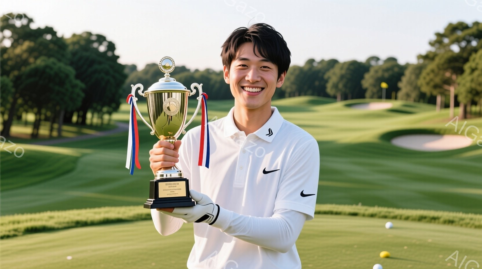 若い男性がゴルフ場でトロフィーを高く掲げて笑顔を浮かべている。白の長袖ポロシャツに黒のズボンを着用し、髪は短く整えられている。背景には緑のゴルフコースが広がり、晴天で明るい雰囲気である。