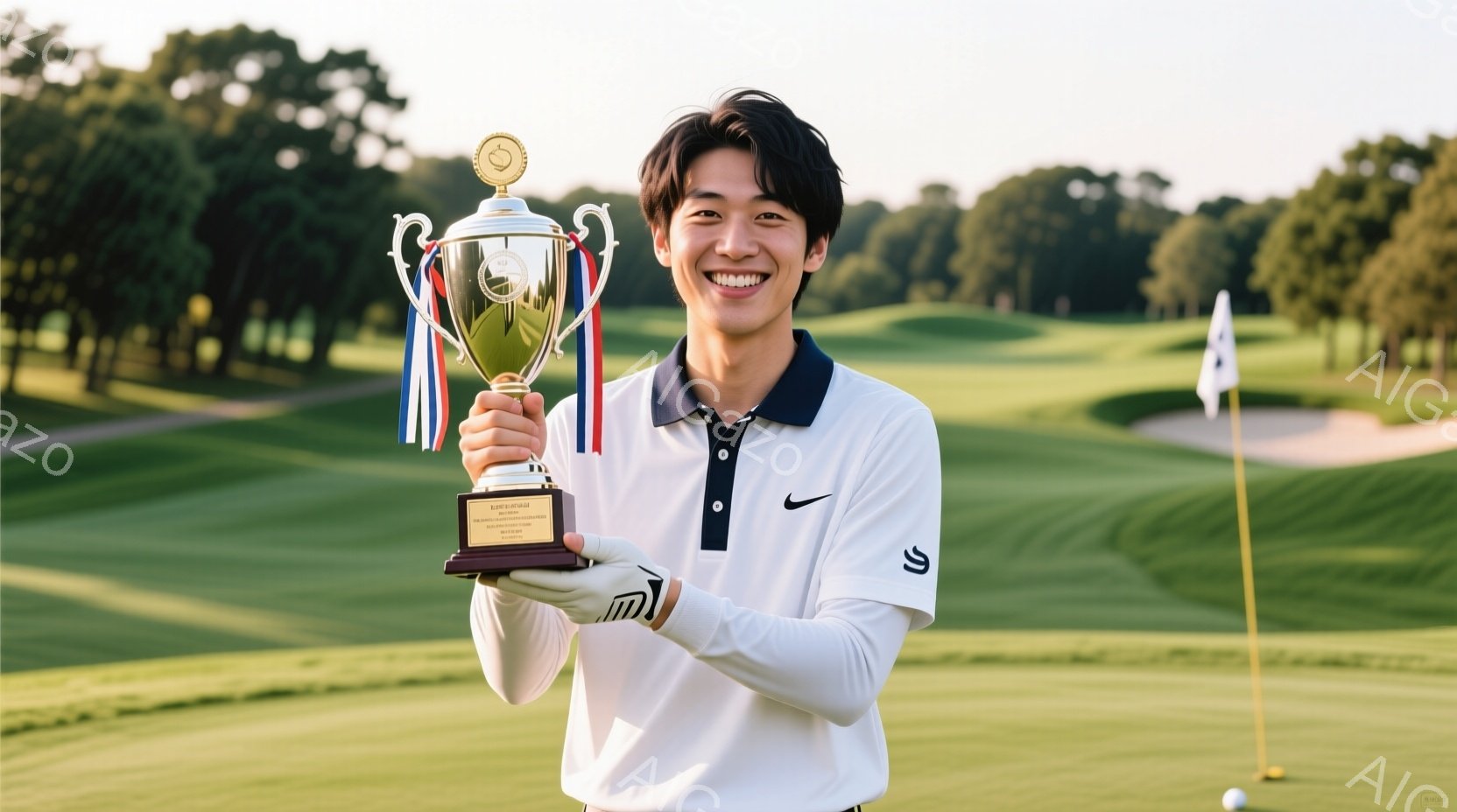 若い男性がゴルフ場でトロフィーを掲げて笑顔を浮かべている。彼は白の長袖ポロシャツと黒のズボンを着用し、髪は短く整えられている。背景には緑豊かなゴルフコースが広がり、穏やかな晴天の下、勝利の喜びを分かち合っている様子が伝わってくる。