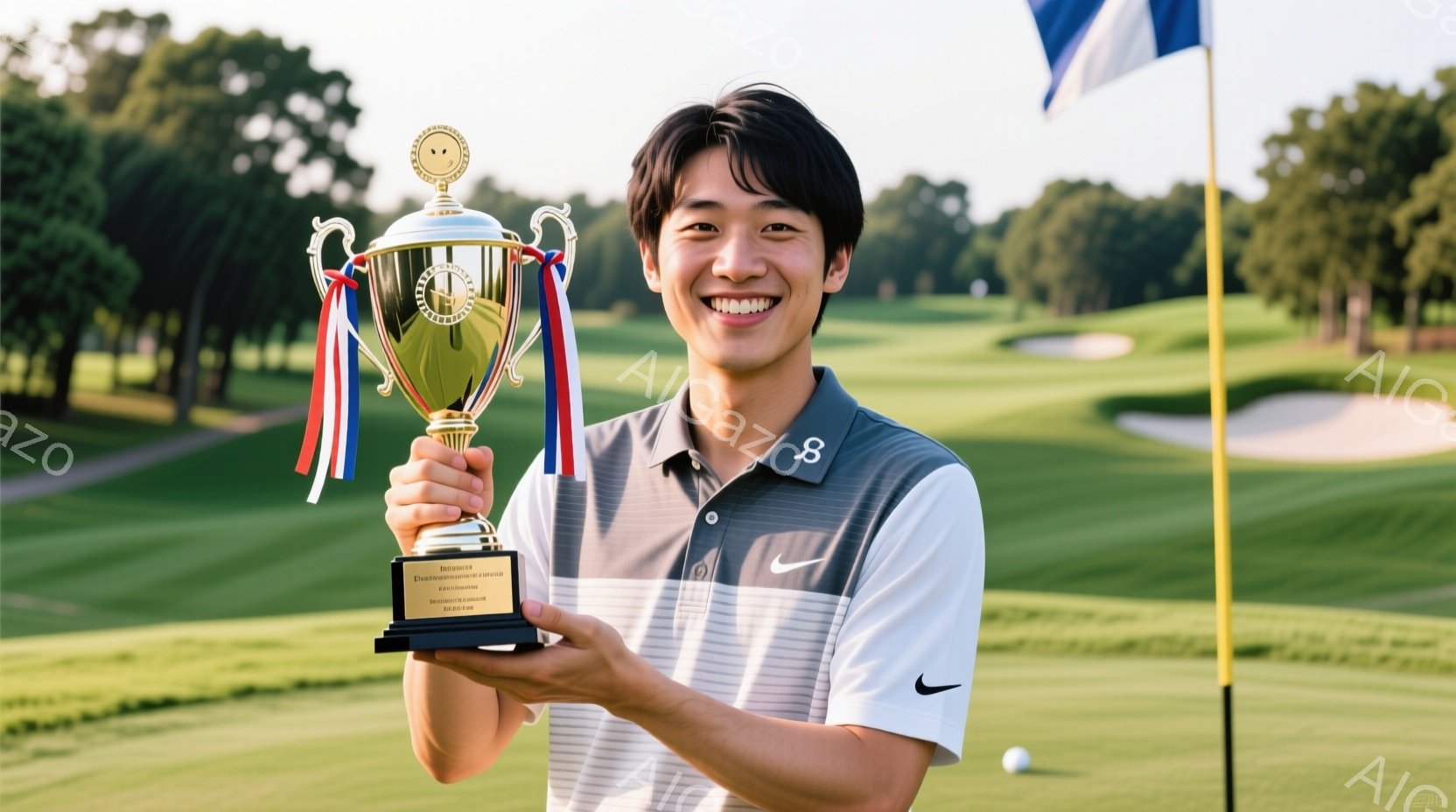 若い男性がゴルフのトロフィーを誇らしげに抱えています。彼はポロシャツに短髪で、満面の笑顔を浮かべており、自信に満ち溢れた様子が伺えます。背景には緑豊かなゴルフコースが広がり、晴天の下で勝利を祝っている雰囲気が伝わってきます。