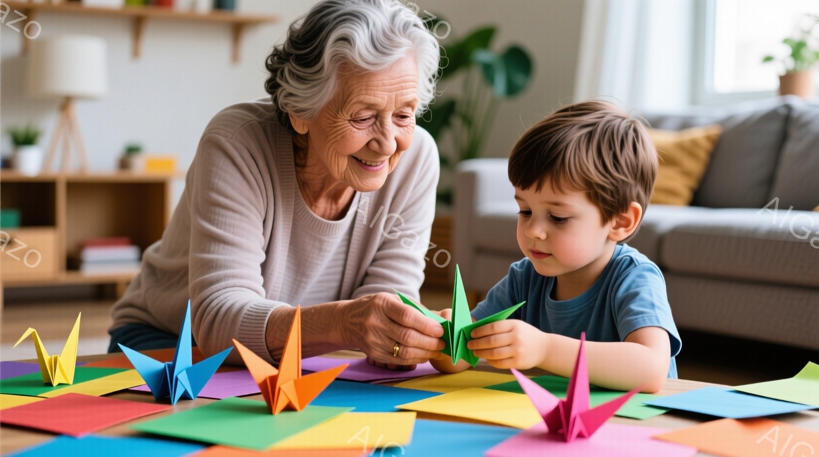 白髪の女性と幼い少年が床に座り、折り紙の鶴を作っています。女性はグレーのセーターを着ており、微笑みを浮かべながら少年の手助けをしています。背景には本棚とソファが見え、明るく温かい家庭の雰囲気が漂っています。