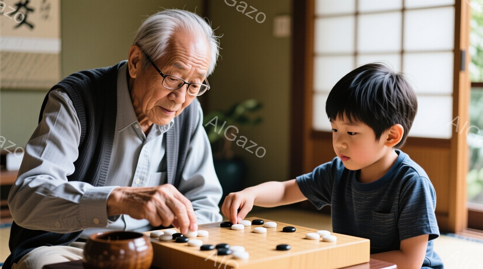 年配の男性と少年が、畳の部屋で囲碁を指している様子が描かれています。男性はベストを着ており、少年はTシャツを着ており、真剣な表情でそれぞれ石を盤に置いています。背景には、盆栽や障子戸が見え、落ち着いた - AI生成フリー素材