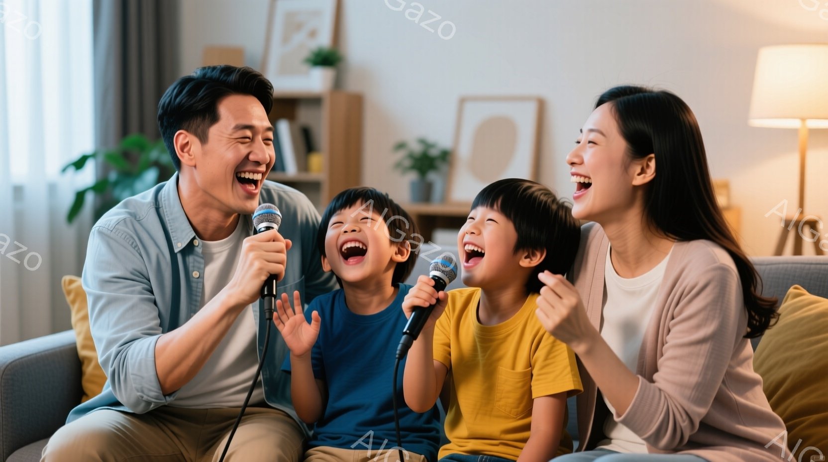 家族がリビングでカラオケを楽しんでいる様子が写っている。父親は紺色のシャツを着て、２人の息子と妻はそれぞれ明るい色のTシャツを着て笑顔でマイクに向かっている。背景には白い棚や植物が見え、暖かく幸せな家 - AI生成フリー素材