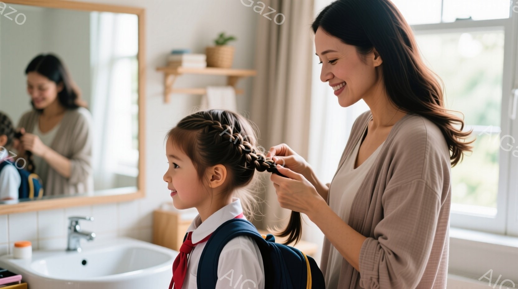 小さな女の子が学校の制服を着ており、母親が彼女の髪を後ろで編んでいます。母親は笑顔で、女の子も落ち着いた表情をしています。背景には洗面台と鏡があり、洗面台の上には化粧品などが置かれ、穏やかで愛情に満ちた家庭的な雰囲気が漂っています。