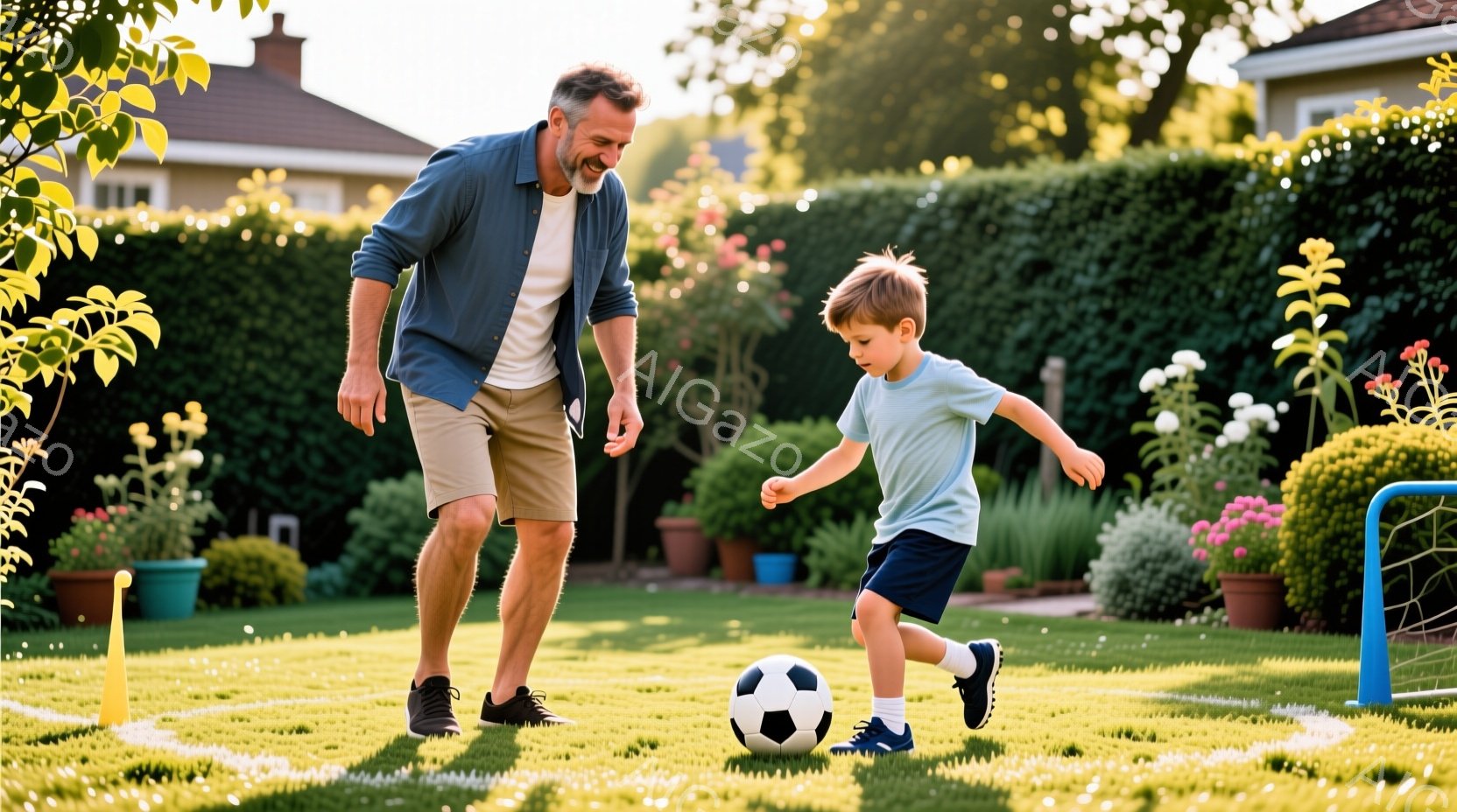 庭で父親と息子がサッカーを楽しんでいる様子が写っている。父親は青いシャツにショートパンツ、息子は青いTシャツにショートパンツ姿で、それぞれ笑顔を浮かべながらボールを追いかけている。背景には緑豊かな庭園 - AI生成フリー素材