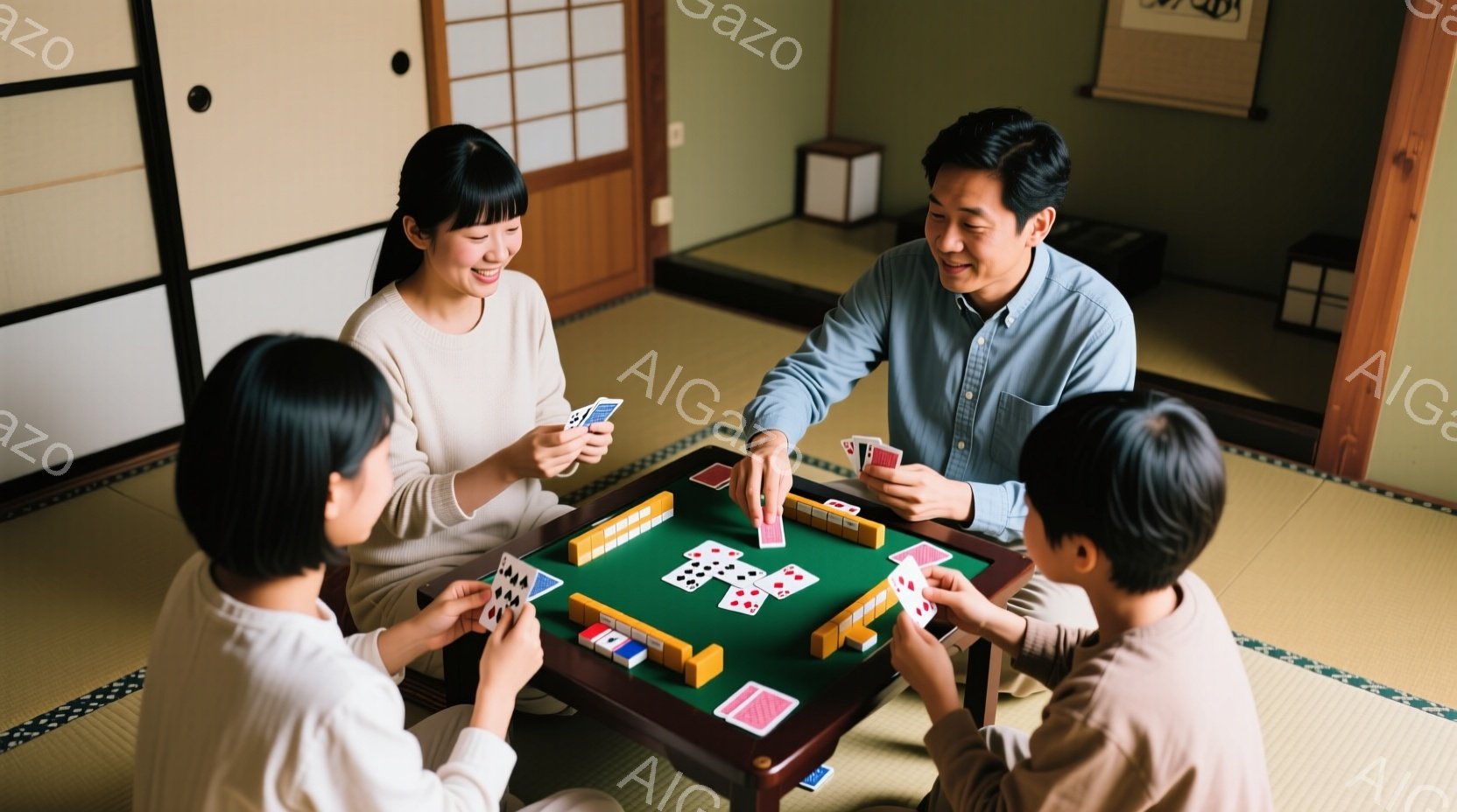 畳の上に座り、家族が麻雀を楽しんでいる様子が写っています。女性はベージュ色のセーターを着ており、髪は後ろで一つに結んでいます。男性は青色のシャツを着ており、笑顔で牌を並べています。 - AI生成フリー素材
