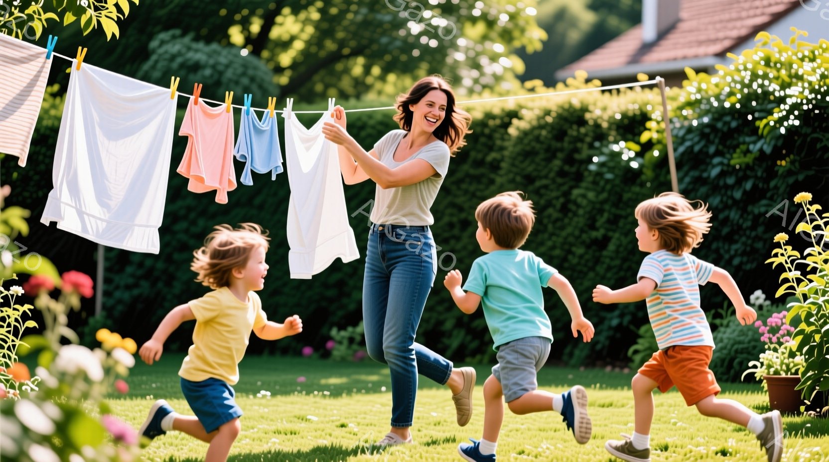 緑豊かな庭で、女性が洗濯物を干しながら笑っています。彼女はジーンズと白いトップスを着ており、髪は後ろでまとめています。3人の子供たちは女性に向かって走り、それぞれ黄色、緑、オレンジ色のシャツを着ており、皆笑顔で活気に満ちた雰囲気が漂っています。