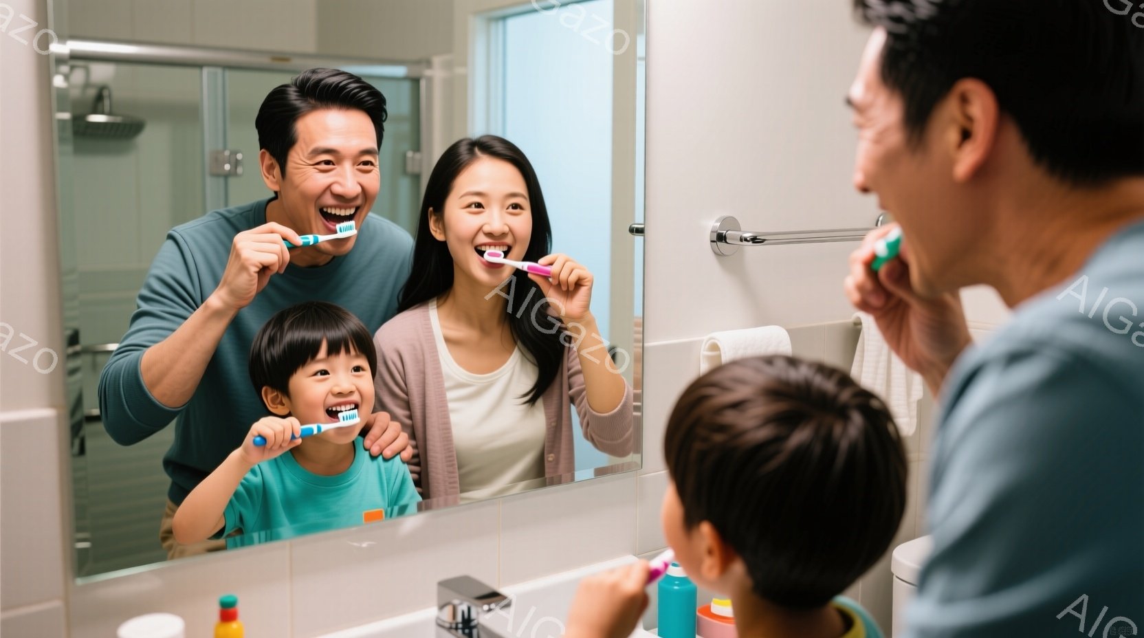 鏡の前で歯磨きをする家族が写っている。父親は濃い青色のシャツを着て、母親はベージュ色のカーディガンを着ており、幼い息子はターコイズブルーのシャツを着ている。三人は皆笑顔で、幸せな朝のルーティンを楽しんでいる様子が伺える。