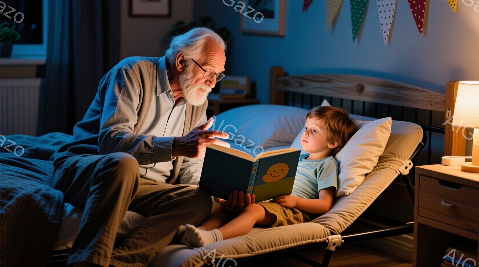 白髪でひげを生やしたおじいさんが、ベッドに座って幼い男の子に絵本を読んであげています。男の子はパジャマ姿で、膝を立てて絵本に興味津々で食い入るように見ています。背景には木製のベッド、ナイトテーブル、そ - AI生成フリー素材