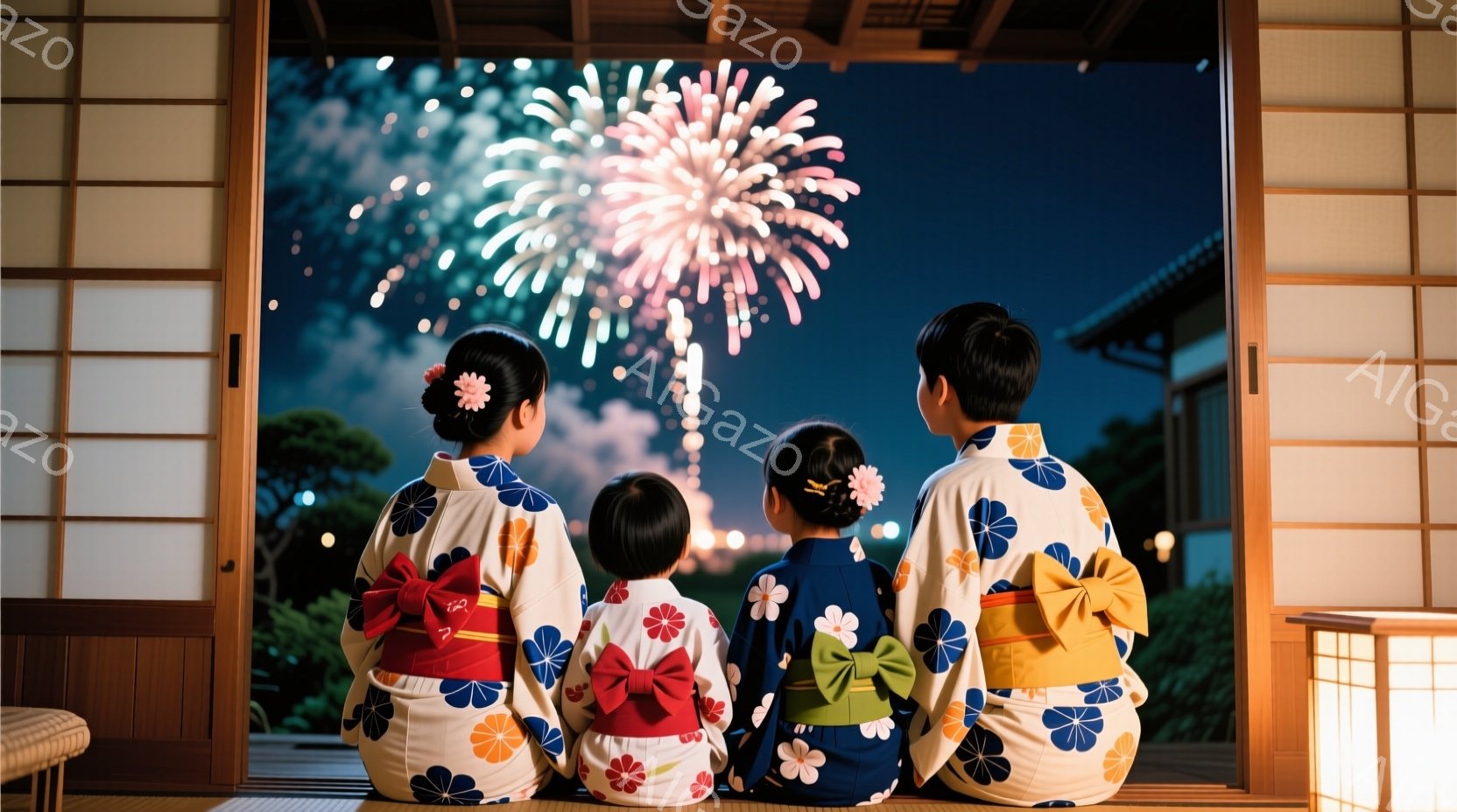 三人の少女が、花火を見に縁側で座っている。それぞれ異なる色の可愛らしい浴衣を着ており、髪にはお花飾りがついている。背景には暗い夜空と緑豊かな木々が見え、夏祭りのような、優しく幻想的な雰囲気が漂っている。
