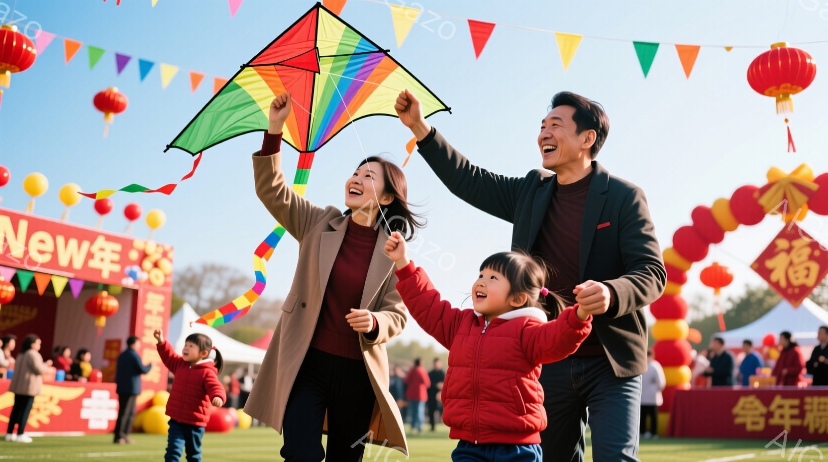 広々とした芝生の上で、家族が凧揚げを楽しんでいる様子が写っている。母親はベージュのコート、父親は黒いジャケット、幼い女の子は赤いダウンジャケットを着ており、皆笑顔で凧を見上げている。背景には赤い提灯や旗が飾られ、春らしい晴天の下、お祭りやイベントの賑やかな雰囲気が漂っている。
