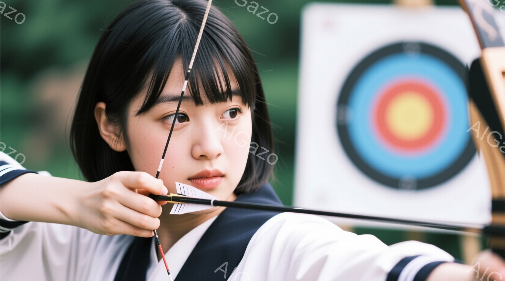 女性がアーチェリストとして、意図的な表情で矢を引き、ターゲットの円形を描く大きなボウを指す。彼女は日本の伝統的なアーチェリストの服装を身につけており、背景は自然である。雰囲気はリラックスしたと感じられますが、彼女は集中しているようです。