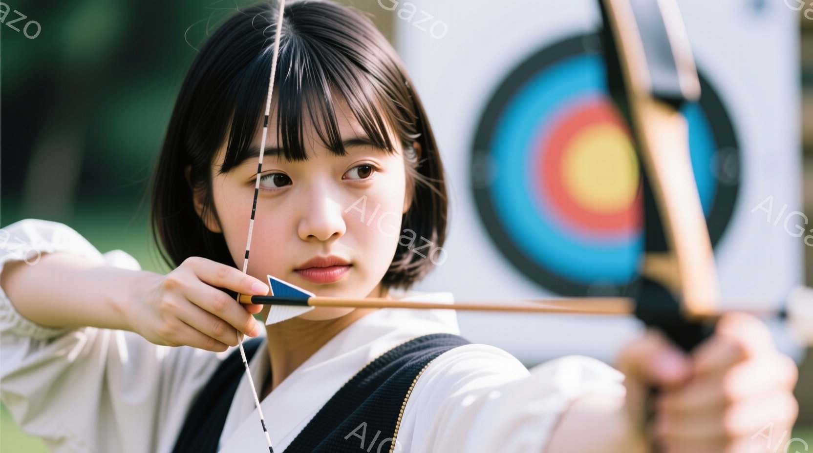 若い女性が弓矢を持って構えている姿が写っている。白いブラウスと黒いベストを着用し、前髪を少し分けて短く切りそろえた髪型をしている。背景にはターゲットがぼやけ、緑豊かな自然が広がり、集中した表情で矢を射ようとしている様子が伝わる。