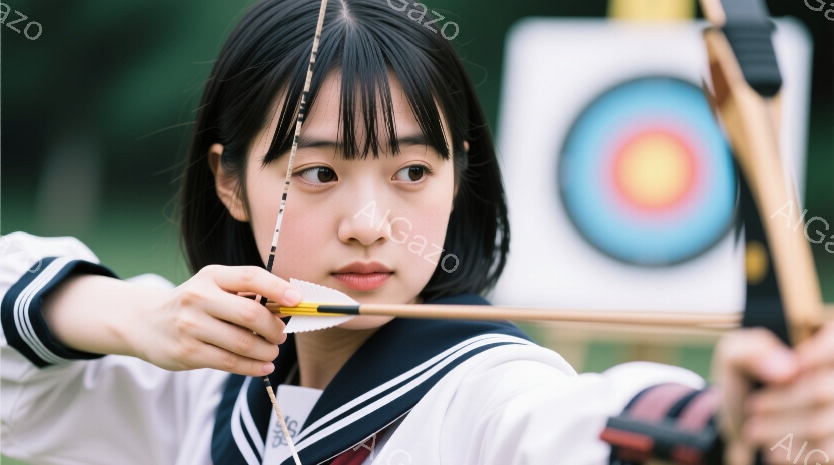 セーラー服を着た若い女性が弓矢を持って集中して標的に向かっている姿が描かれています。彼女は黒髪で前髪を揃え、真剣な表情で弓を引き、的は鮮やかな円形で、背景にはぼやけた緑が見えます。全体的に、集中力と決意を感じさせる、静かで力強い雰囲気が漂っています。