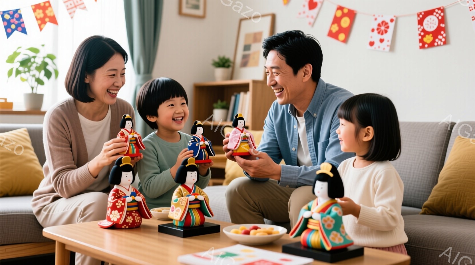 家族がリビングで雛人形を囲んで楽しんでいる様子が描かれています。母親はピンク色のセーターを着て笑顔で人形を見つめ、息子は青いシャツを着て人形を手に持って喜んでいます。背景には飾り付けが施された壁や植物 - AI生成フリー素材