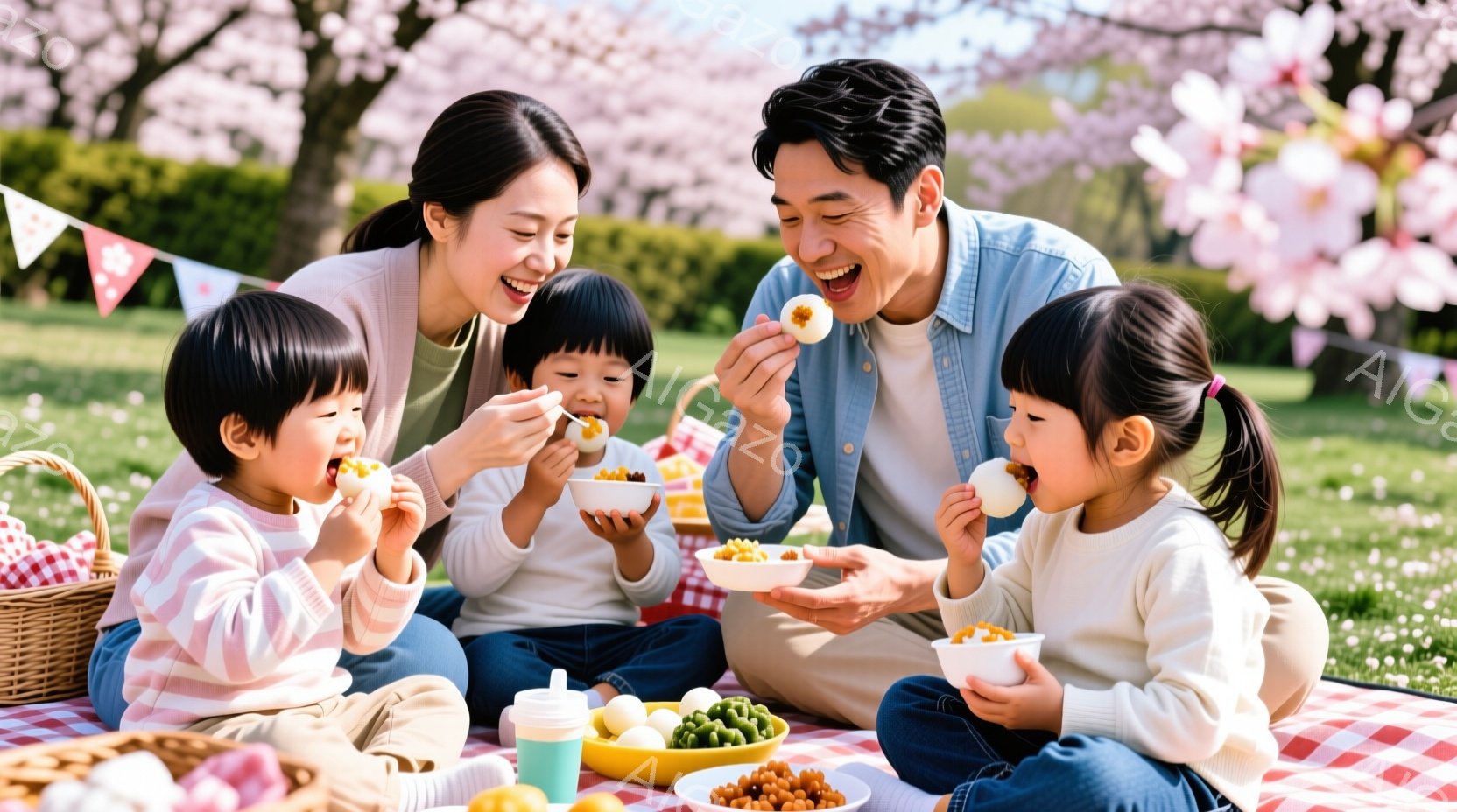 桜の木の下でピクニックを楽しんでいる家族の様子が写っている。母親はピンク色のニットを着ており、笑顔で子供たちに料理を分けている。子供たちは皆、お揃いの明るい色の服を着て、嬉しそうに料理を頬張っている。 - AI生成フリー素材