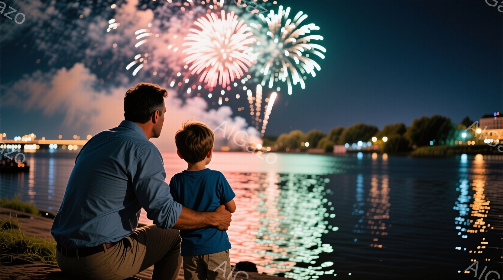 紺碧の空に鮮やかな花火が咲き乱れ、水面にその光が反射している。男性と少年は寄り添い、花火を眺めているが、背中しか見えないため表情は不明である。背景には、街の灯りと緑豊かな自然が広がり、穏やかで感動的な雰囲気が漂っている。