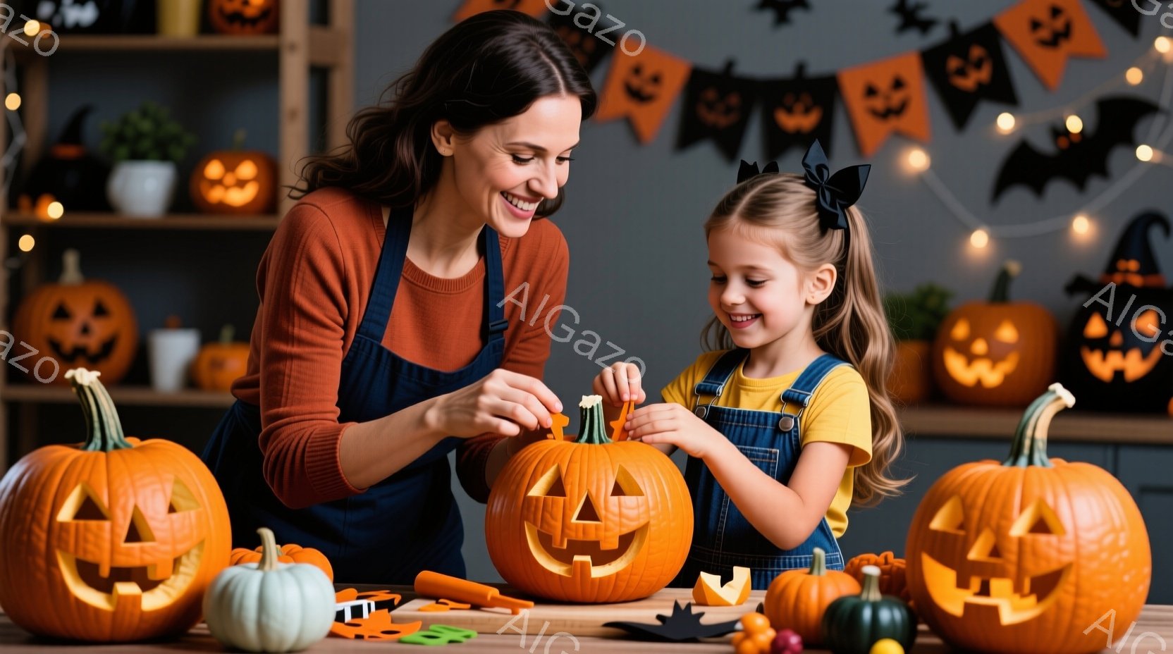 笑顔の女性と少女が、ハロウィンのためのかぼちゃのランタンを作っています。女性はオレンジ色のセーターとエプロンを着ており、少女は黄色の長袖シャツとオーバーオールを着ています。背景には、ハロウィンの飾り付けがされた棚と、完成したかぼちゃのランタンが並べられています。
