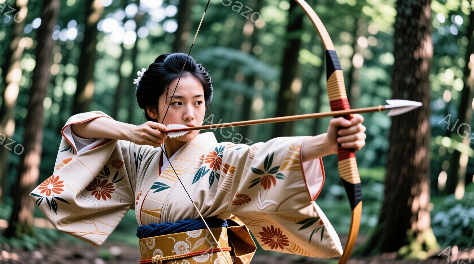 浅黄色の地にオレンジと緑の大きな花柄が描かれた着物を着た女性が、弓を引き絞っています。黒髪を後ろでまとめ、髷（もろみ）に白い飾りを挿しており、凛とした表情で集中しています。背景は緑豊かな森林で、木々の間から光が差し込み、静かで神秘的な雰囲気を醸し出しています。