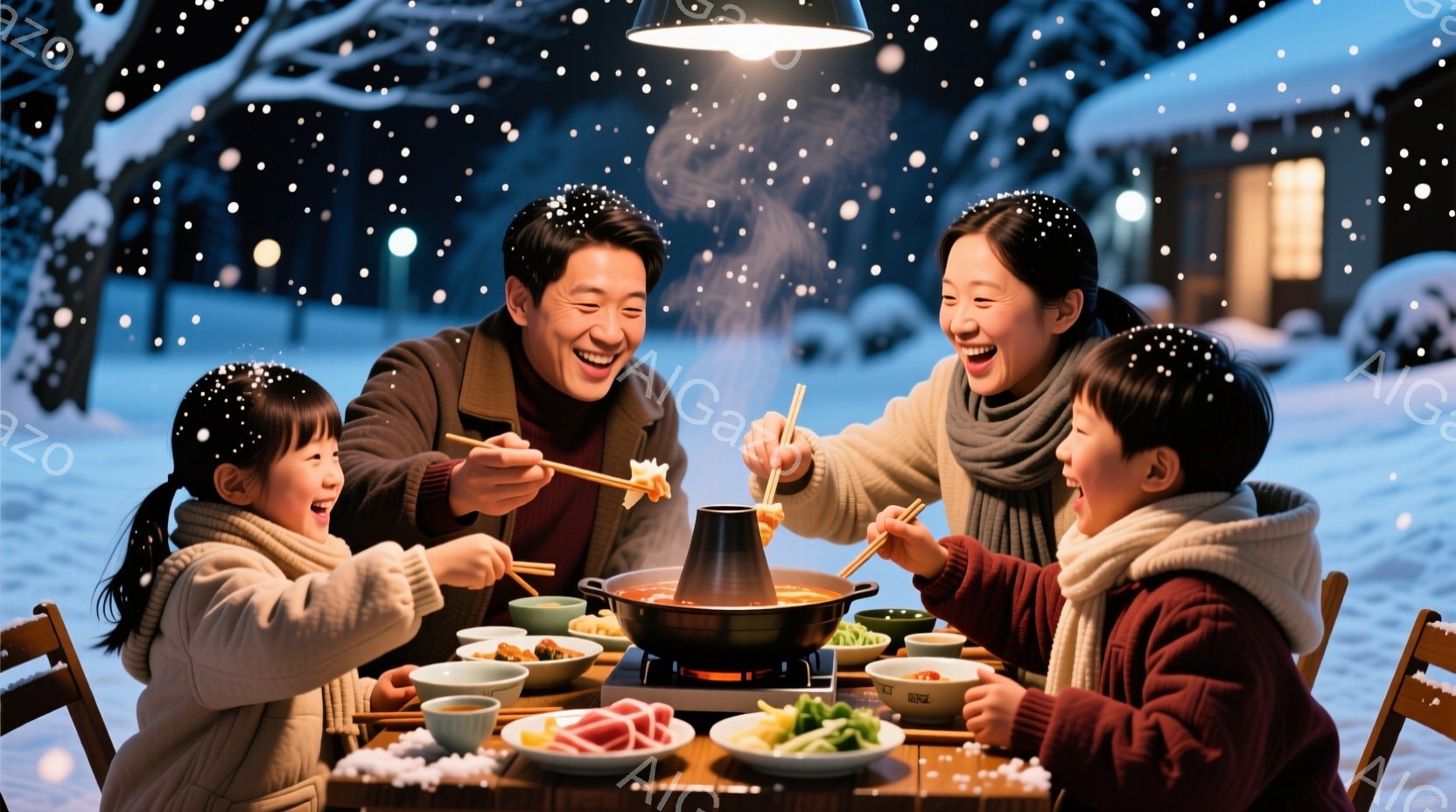 暖炉の明かりが灯る雪の夜、家族四人がホットポットを囲んで食事を楽しんでいる。両親は笑顔で料理を取り分け、子供たちは嬉しそうに箸を伸ばしている。背景には雪景色が広がり、暖かく穏やかな雰囲気が漂っている。 - AI生成フリー素材